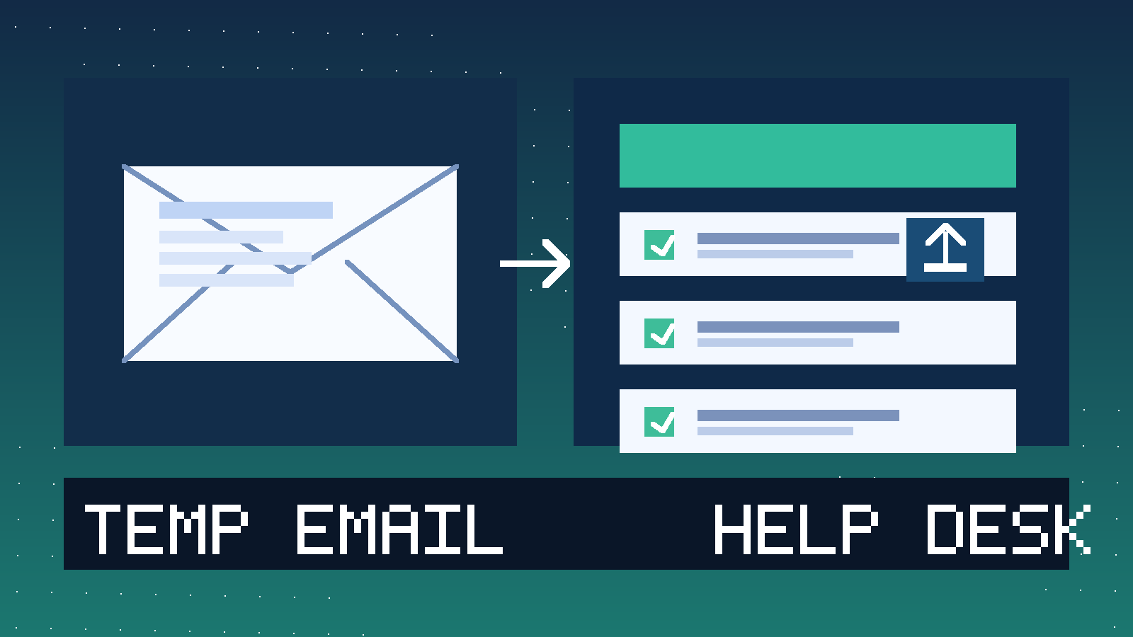 Original in-house illustration showing a temporary inbox flowing into a privacy-first help desk dashboard with ticket cards and secure invite access for a HappyFox-style support workflow.