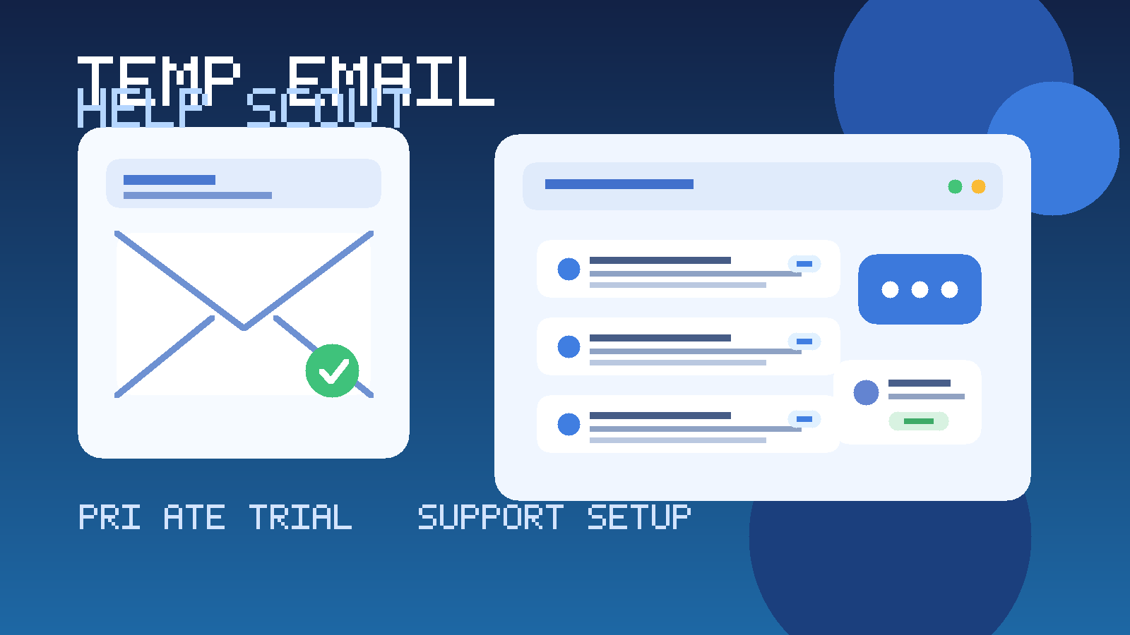 Original illustration of a temporary inbox, shared support cards, a Beacon-style widget bubble, and a team invite for a Help Scout workflow