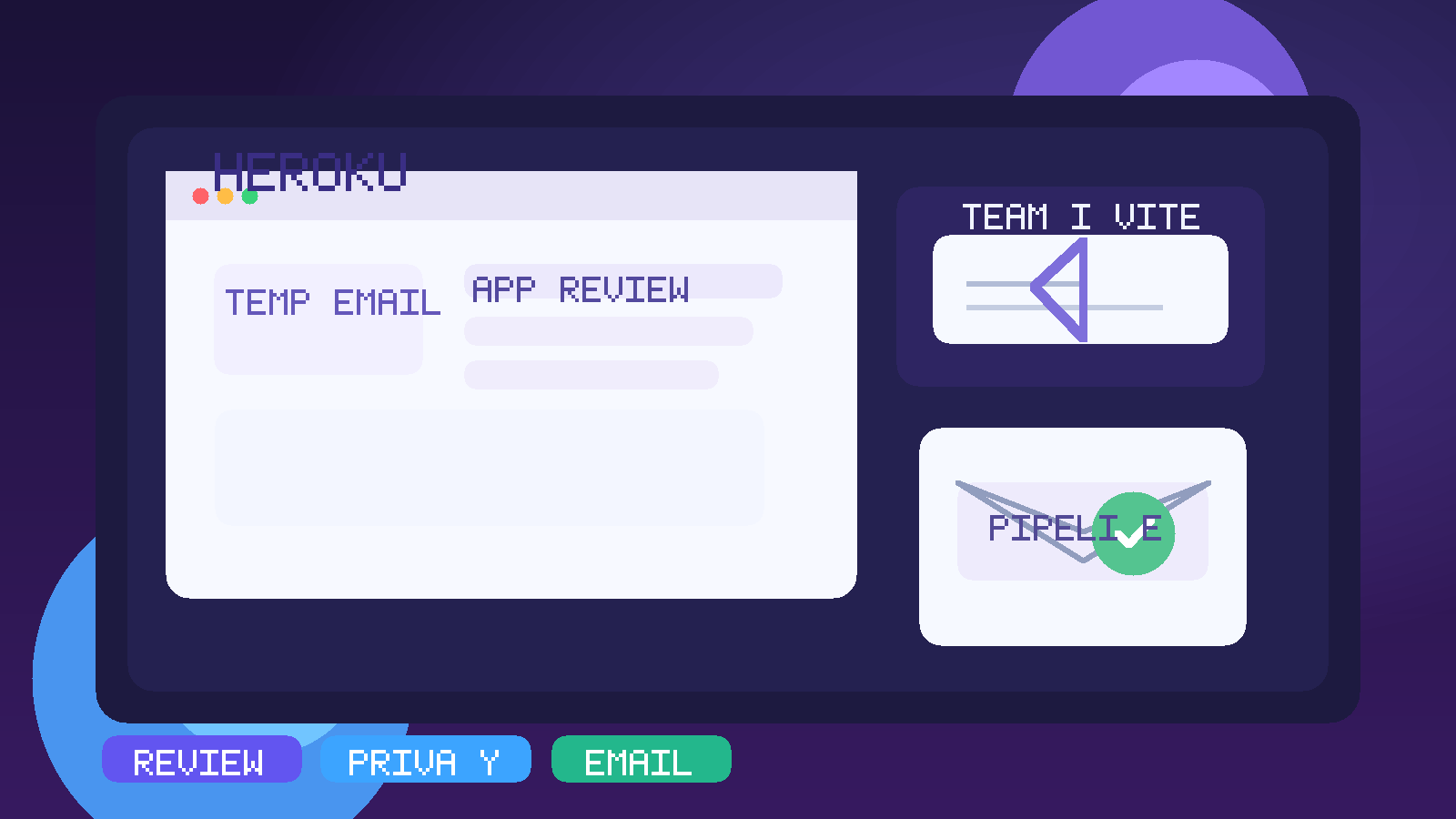Original illustration of a temporary inbox, a Heroku-style app dashboard, and protected review app signups.