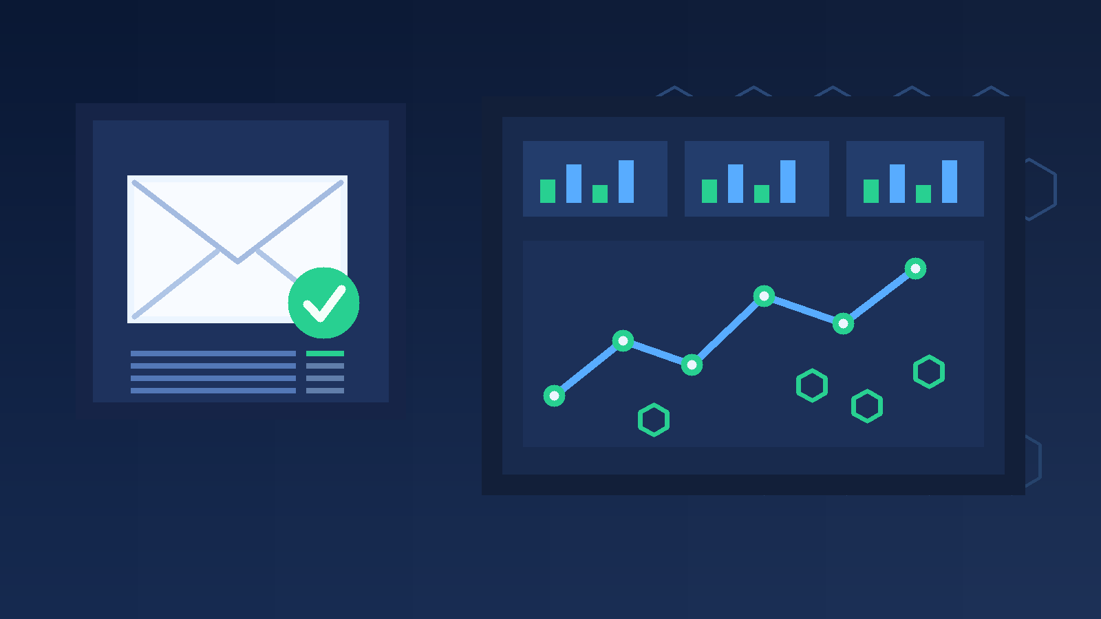 Illustration of a temporary inbox beside an observability dashboard with trace nodes and hexagon patterns