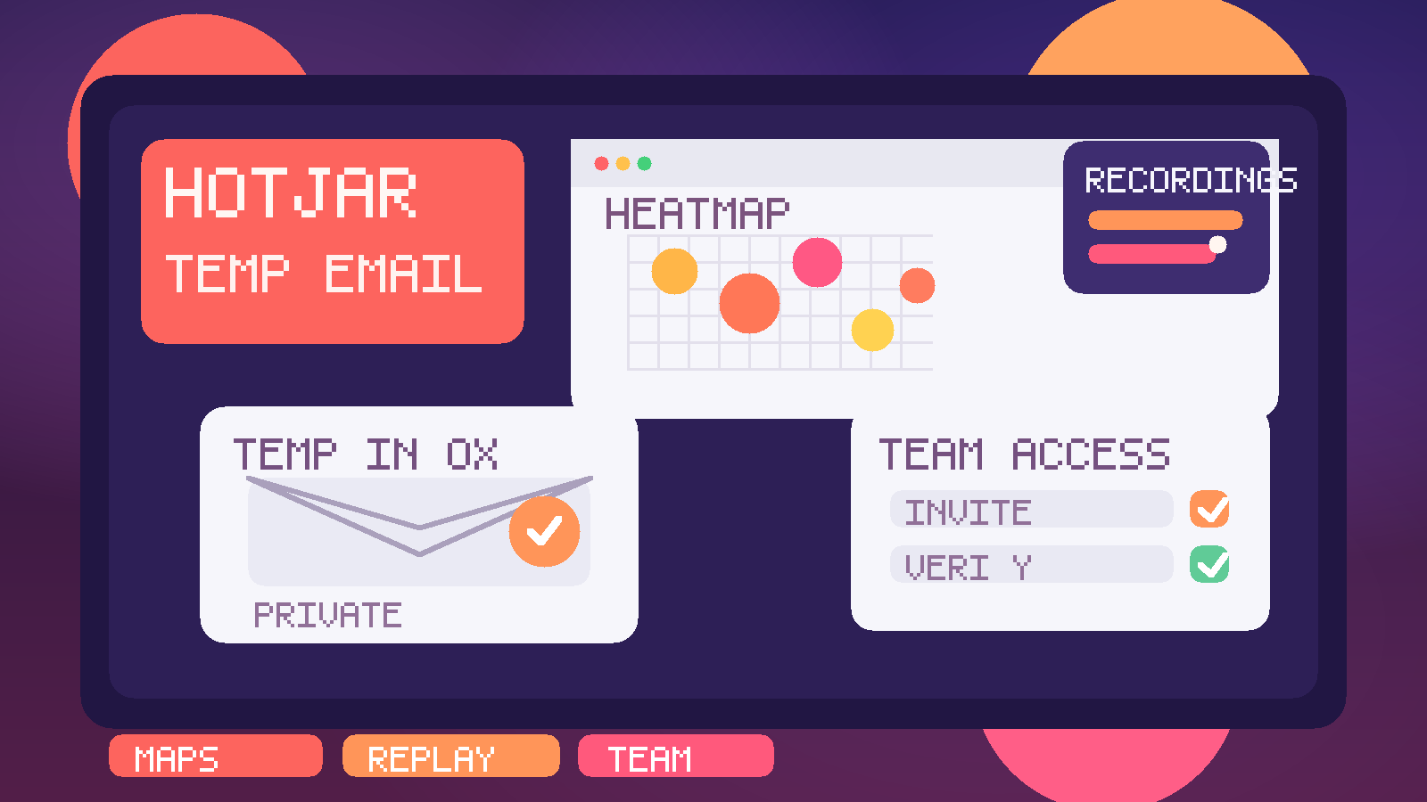 Original illustration of a temporary inbox beside heatmap, session recording, and invite cards for Hotjar testing.