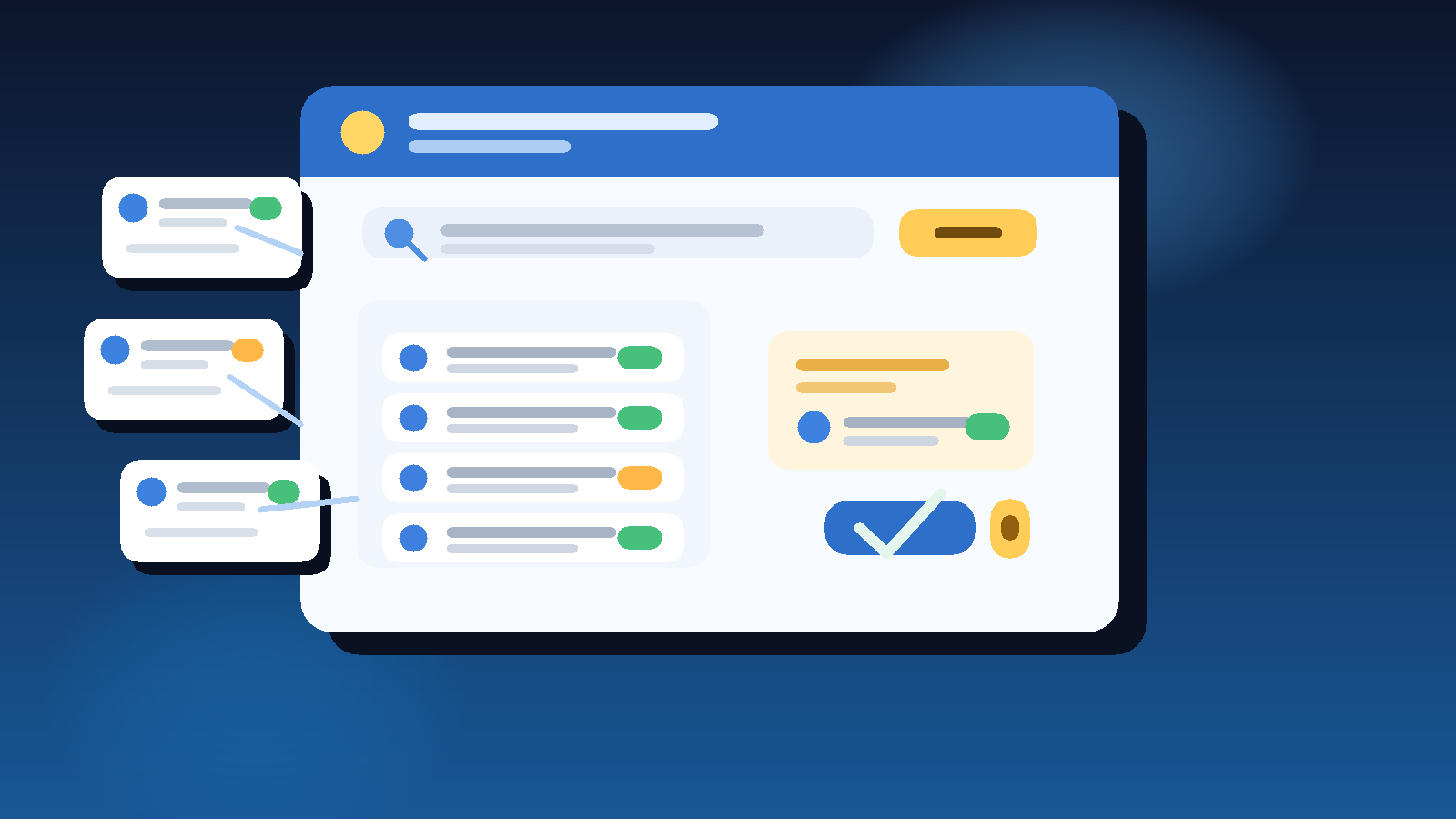 Original illustration of a prospecting dashboard, verified email cards, and a privacy shield.