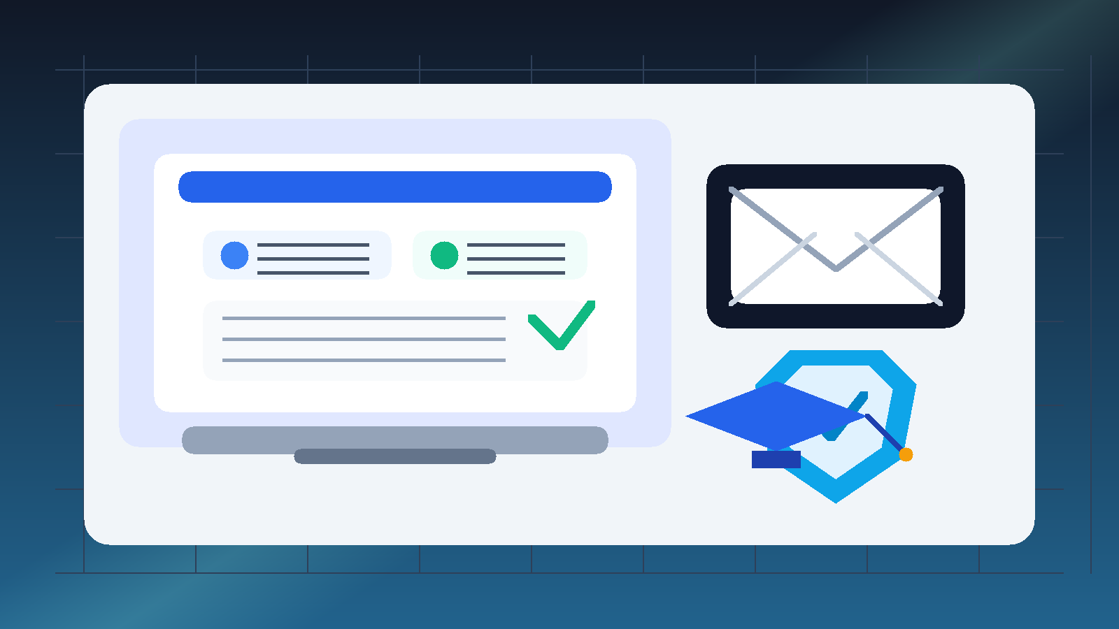 Illustration of a student job dashboard, email envelope, and privacy shield for a temp email for Huzzle article