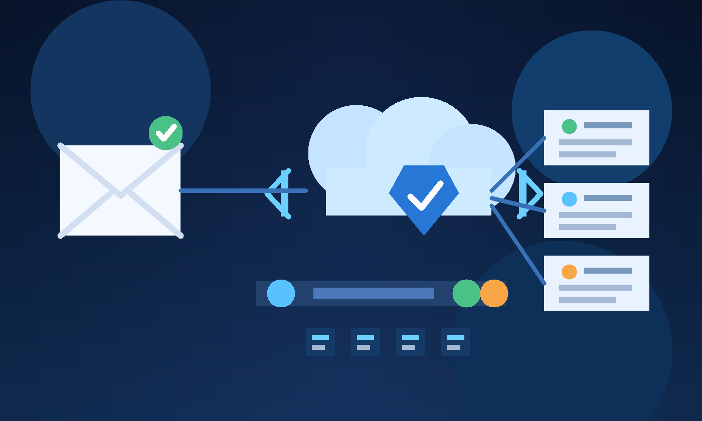 Illustration of a temporary inbox, cloud infrastructure icons, and scan result cards for infrastructure as code security tool trials