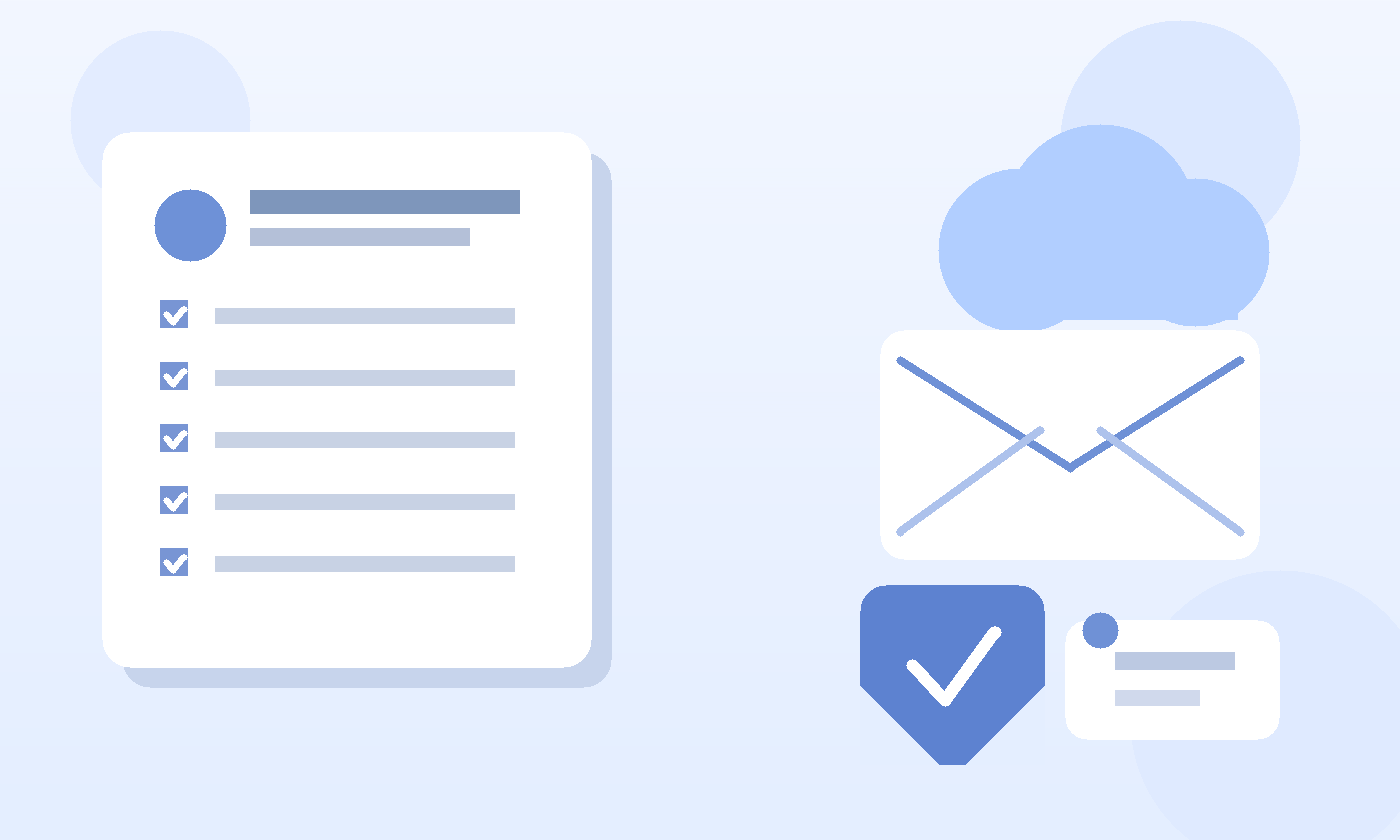 Illustration of a job application document, cloud mailbox, privacy shield, and email envelope