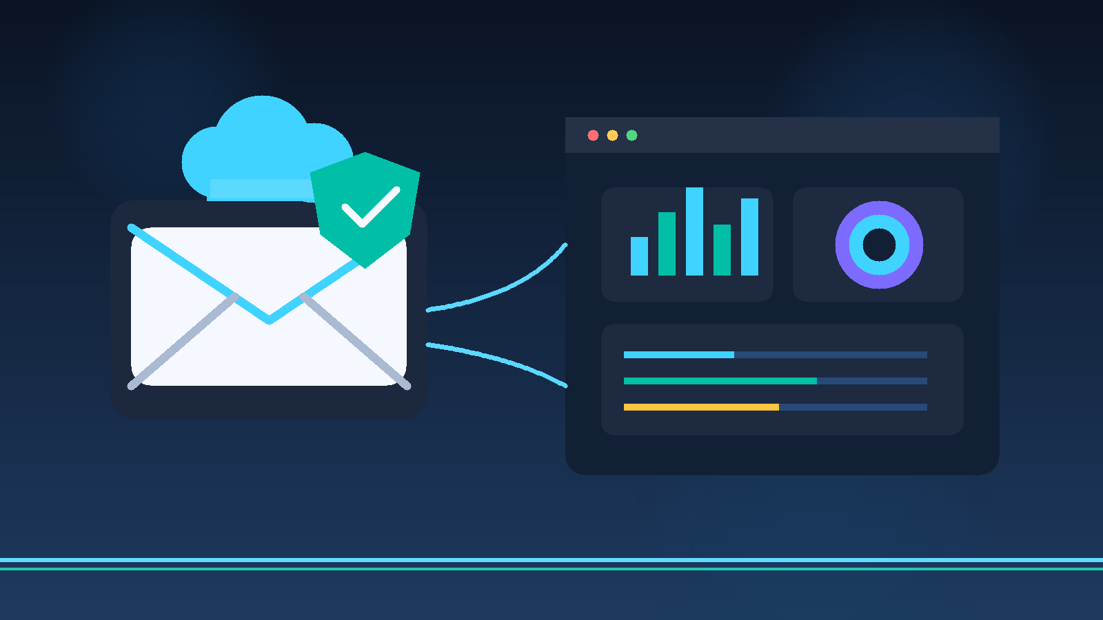 Illustration of a cloud IAM dashboard with a temporary email envelope and access shield