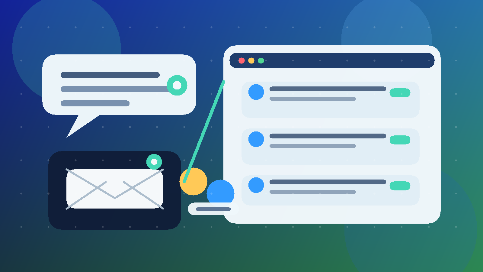 Original illustration of a temporary inbox, live chat messages, support cards, and a team invite for an Intercom-style customer messaging workflow