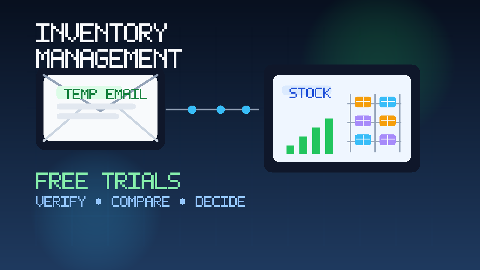 Illustration of a temporary email inbox next to inventory boxes and a stock dashboard during inventory software trial evaluation.