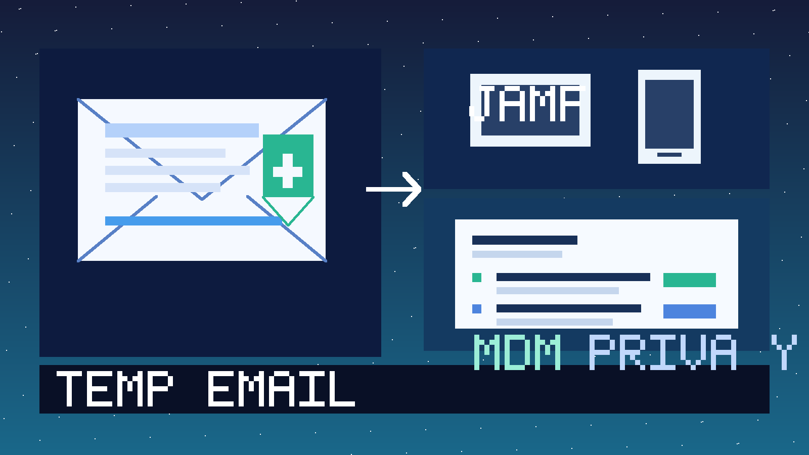 Illustration for temp email for Jamf showing a temporary inbox, device enrollment screens, and a privacy-focused MDM dashboard