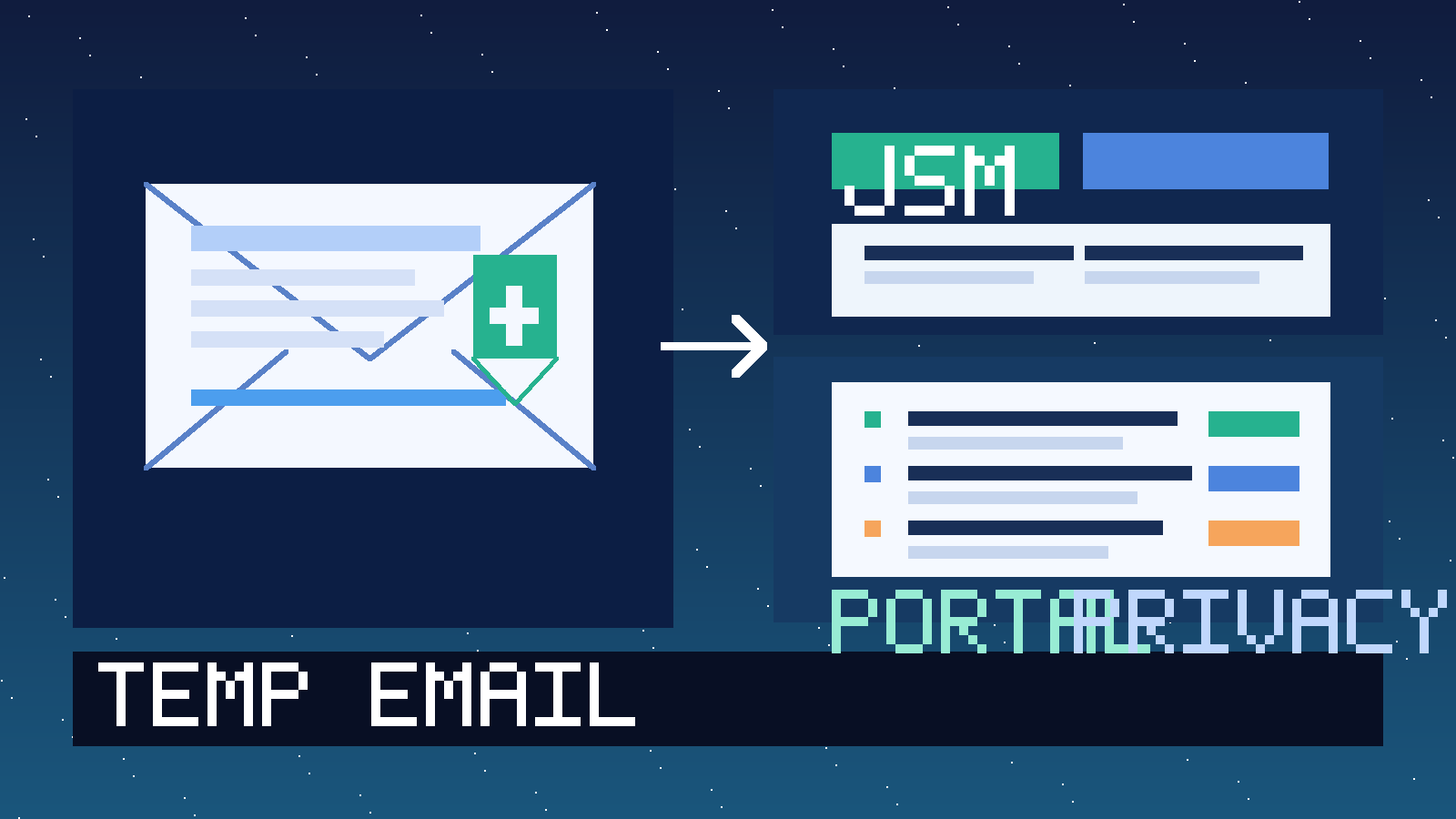 Illustration showing a temporary inbox connected to a Jira Service Management style service portal, ticket queue cards, and privacy-focused admin invites.