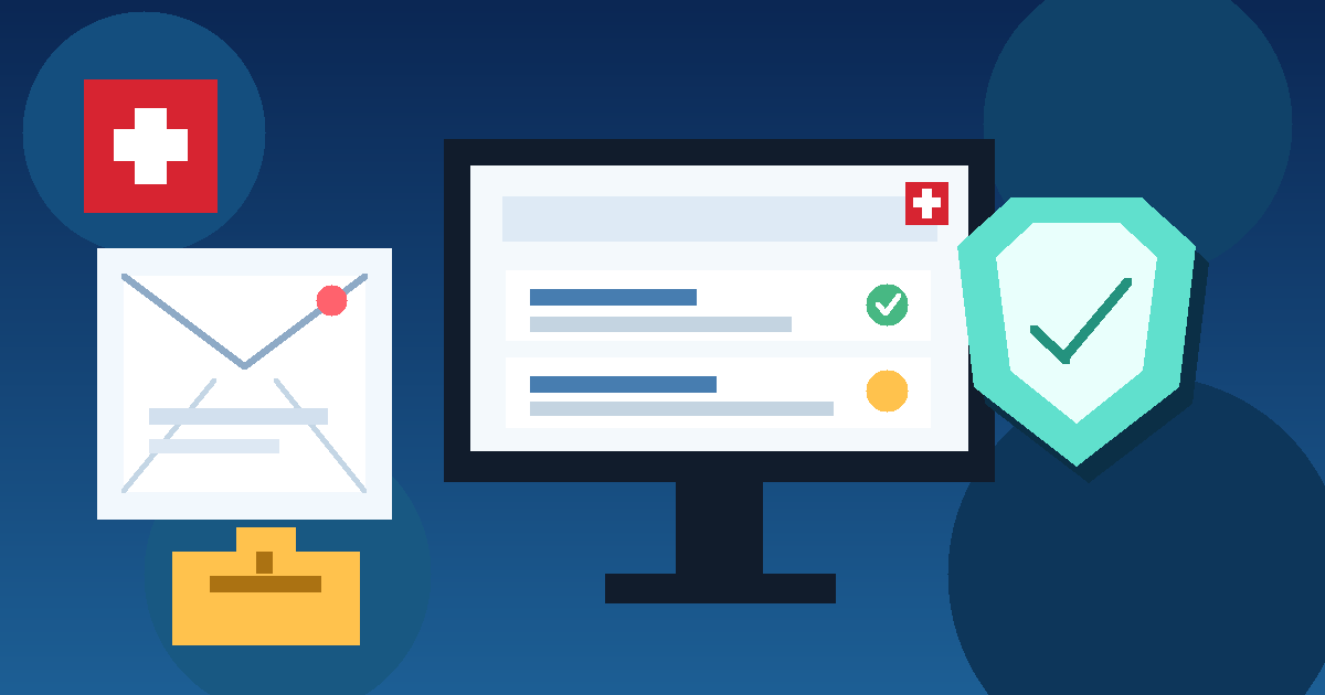 Illustration of a Swiss job search setup with a temporary inbox, job listings dashboard, privacy shield, and Swiss flag accent