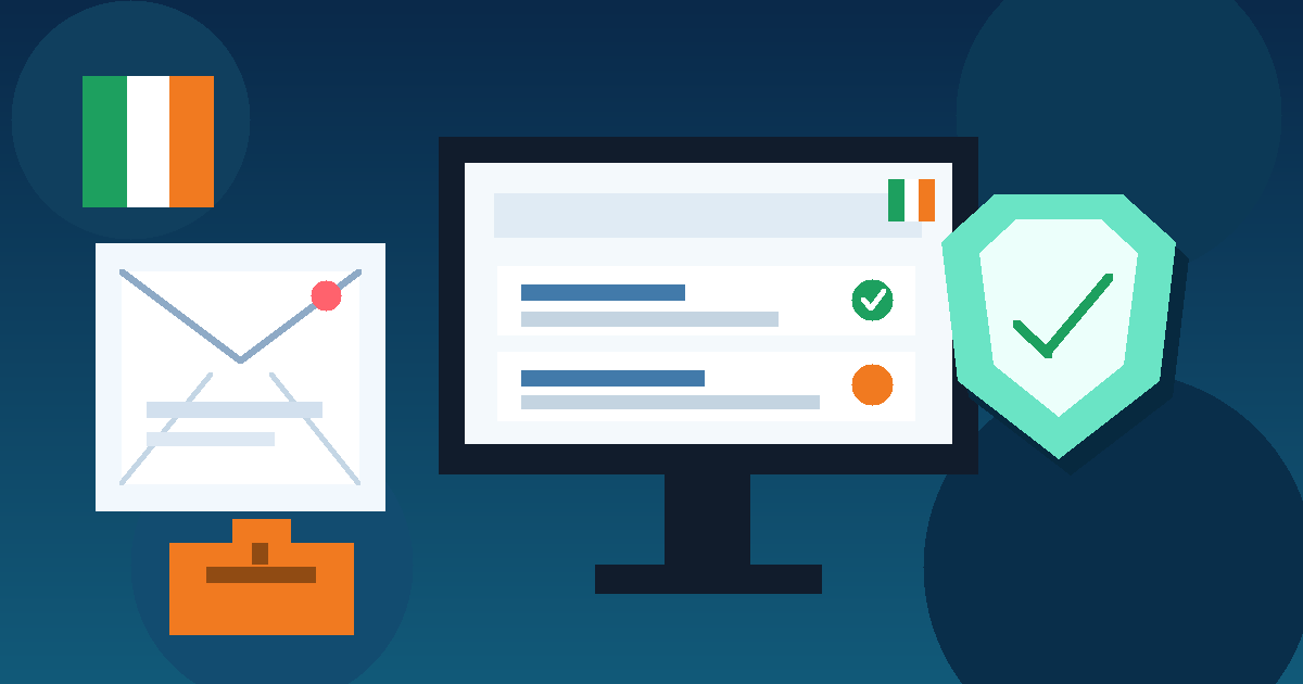 Illustration of an Irish job search dashboard, temporary inbox, privacy shield, and Irish flag accent