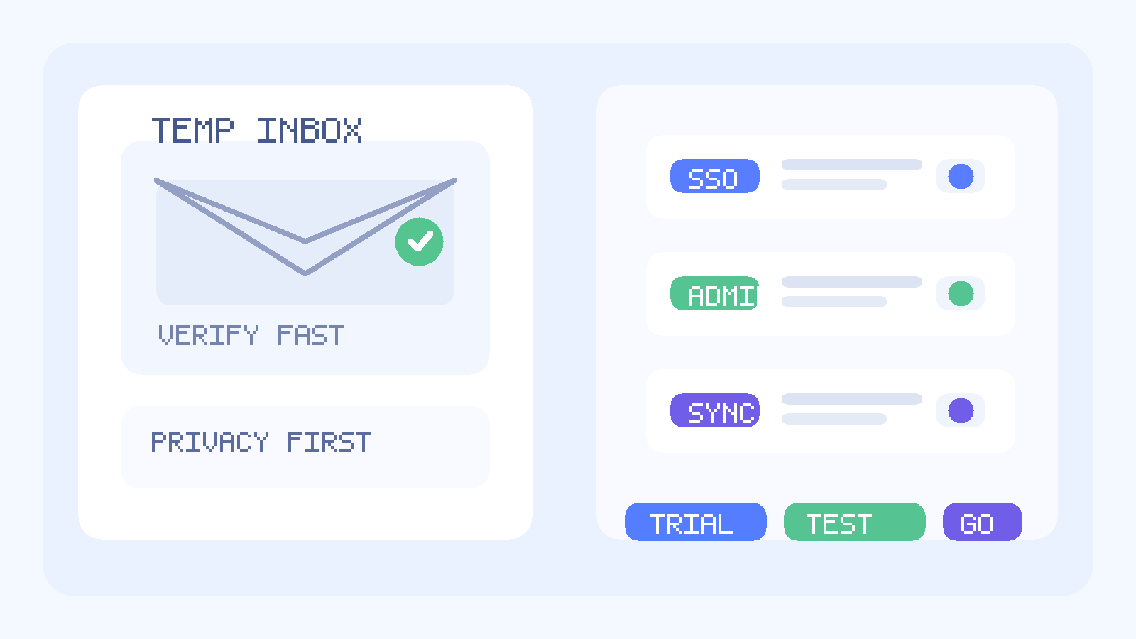 Original in-house illustration of a temporary inbox beside SSO, admin, and directory sync cards for JumpCloud trial testing.