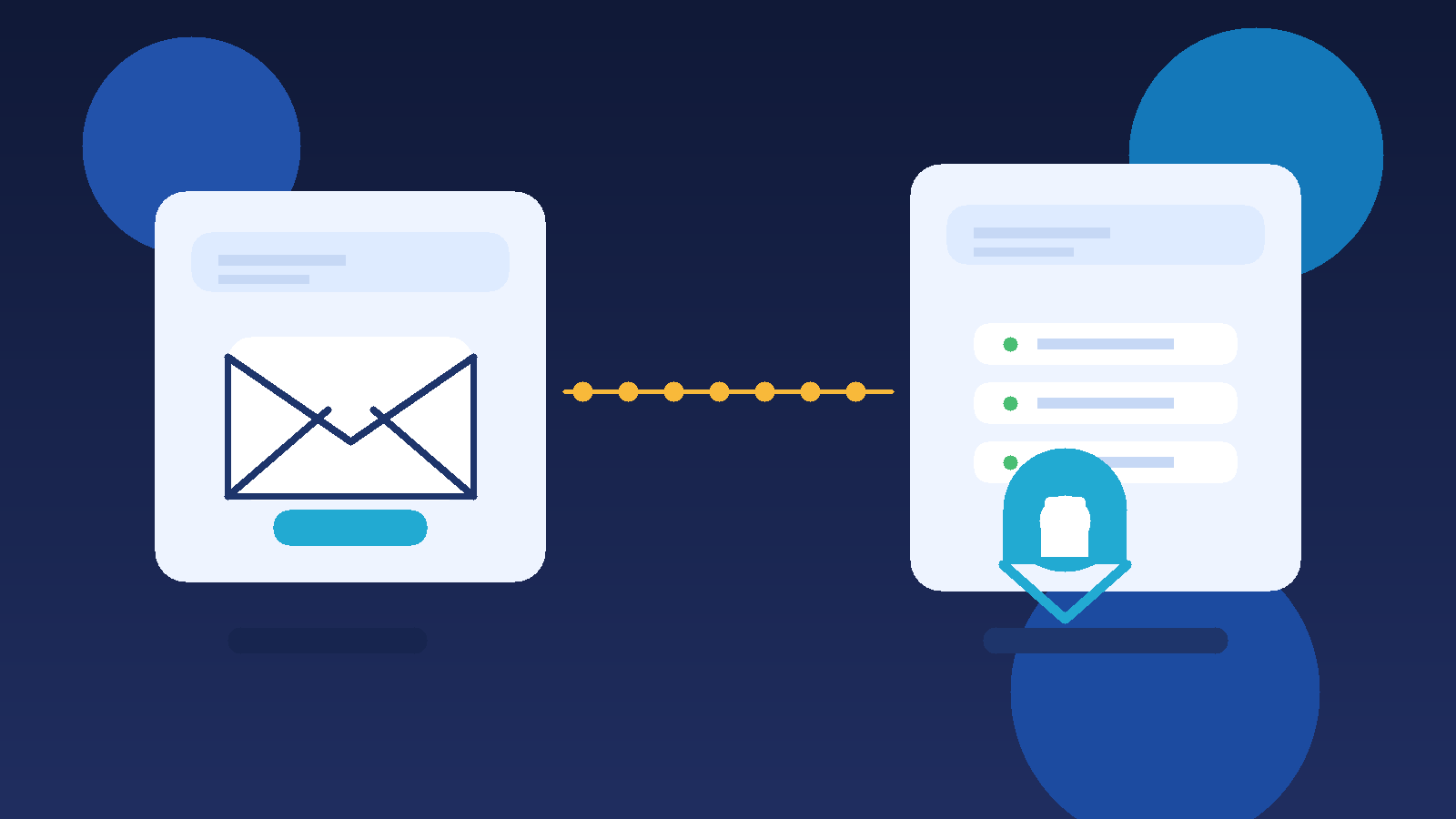 Original in-house illustration of a temporary inbox connected to a password-vault dashboard with a shield and lock.