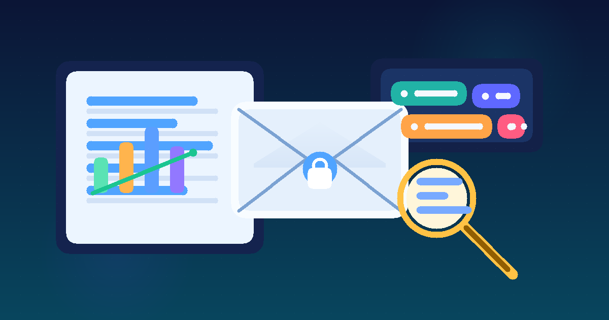 Illustration of a temporary inbox, keyword tags, and an SEO research dashboard