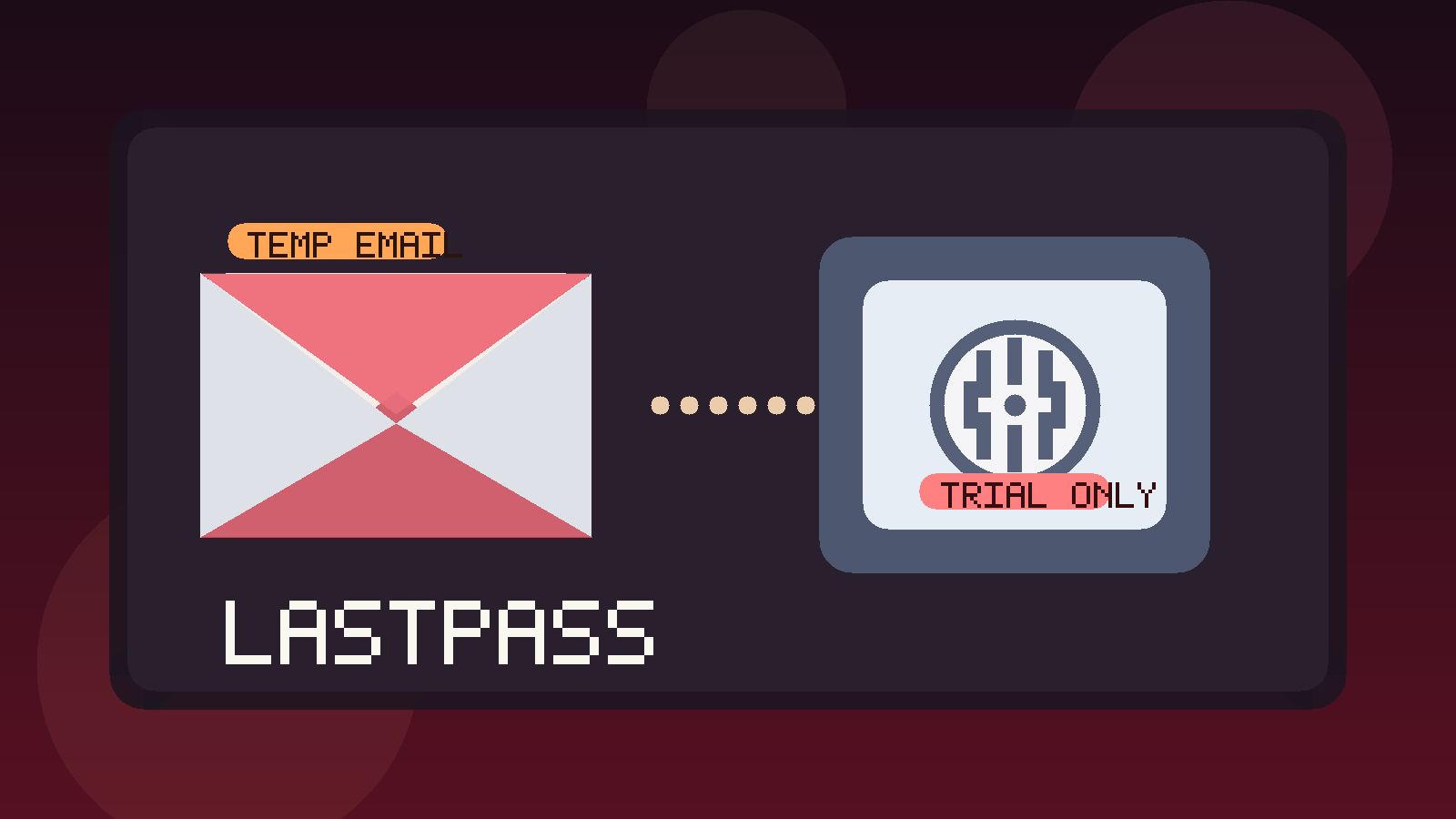 Illustration of a temporary email envelope beside a password vault for LastPass trial signups