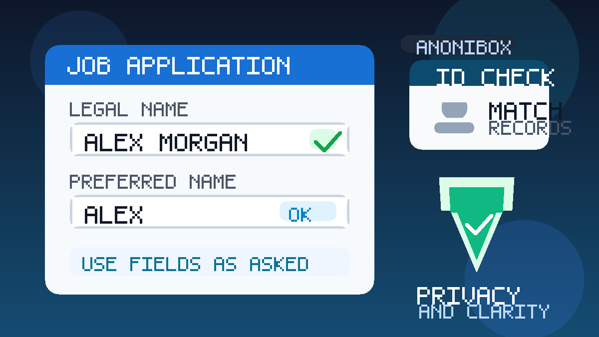 Illustration of a job application showing legal name and preferred name fields beside an ID badge and privacy shield.