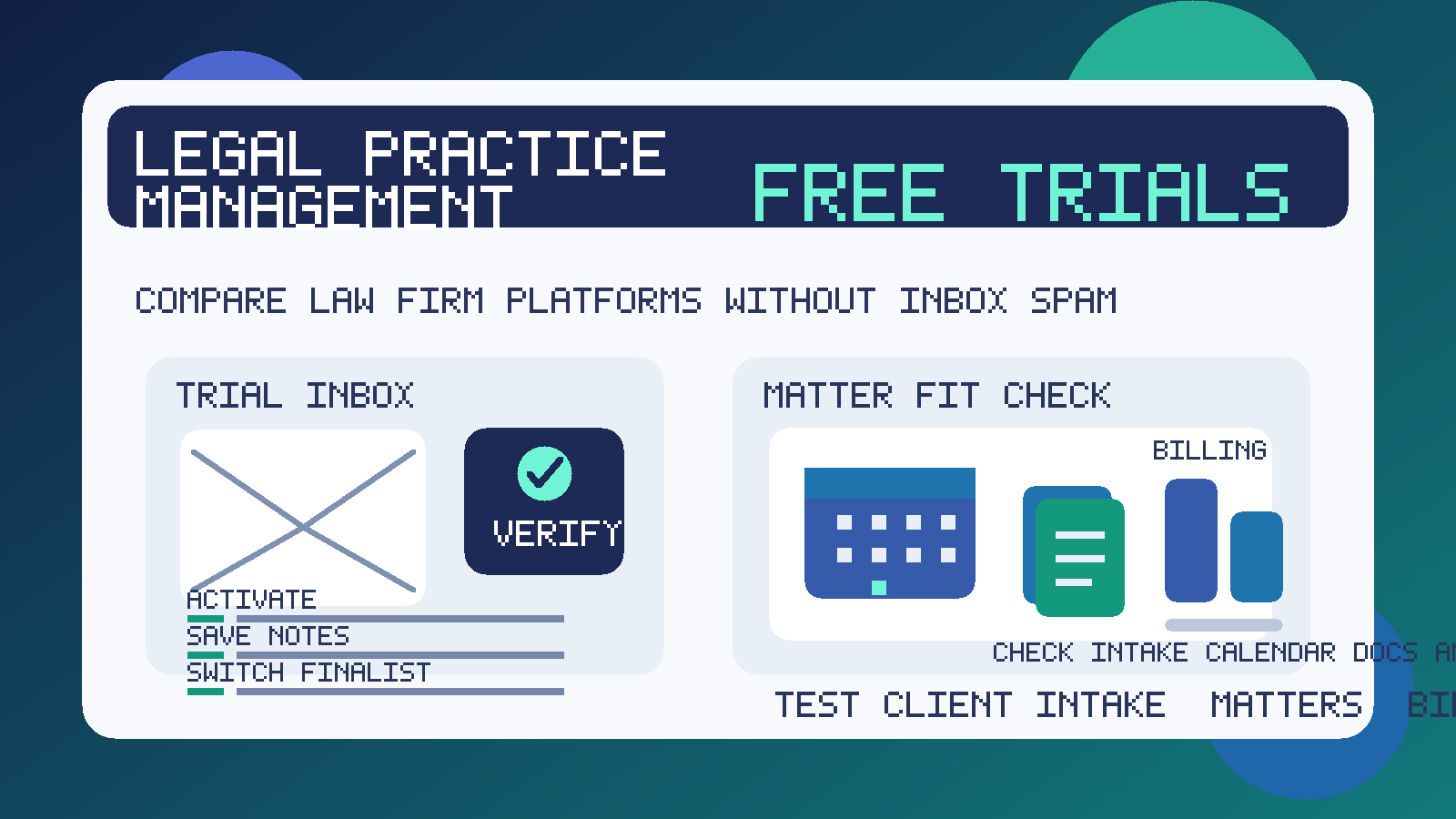 Illustration of a legal practice management trial inbox beside a law firm software dashboard for matters, documents, calendar, and billing