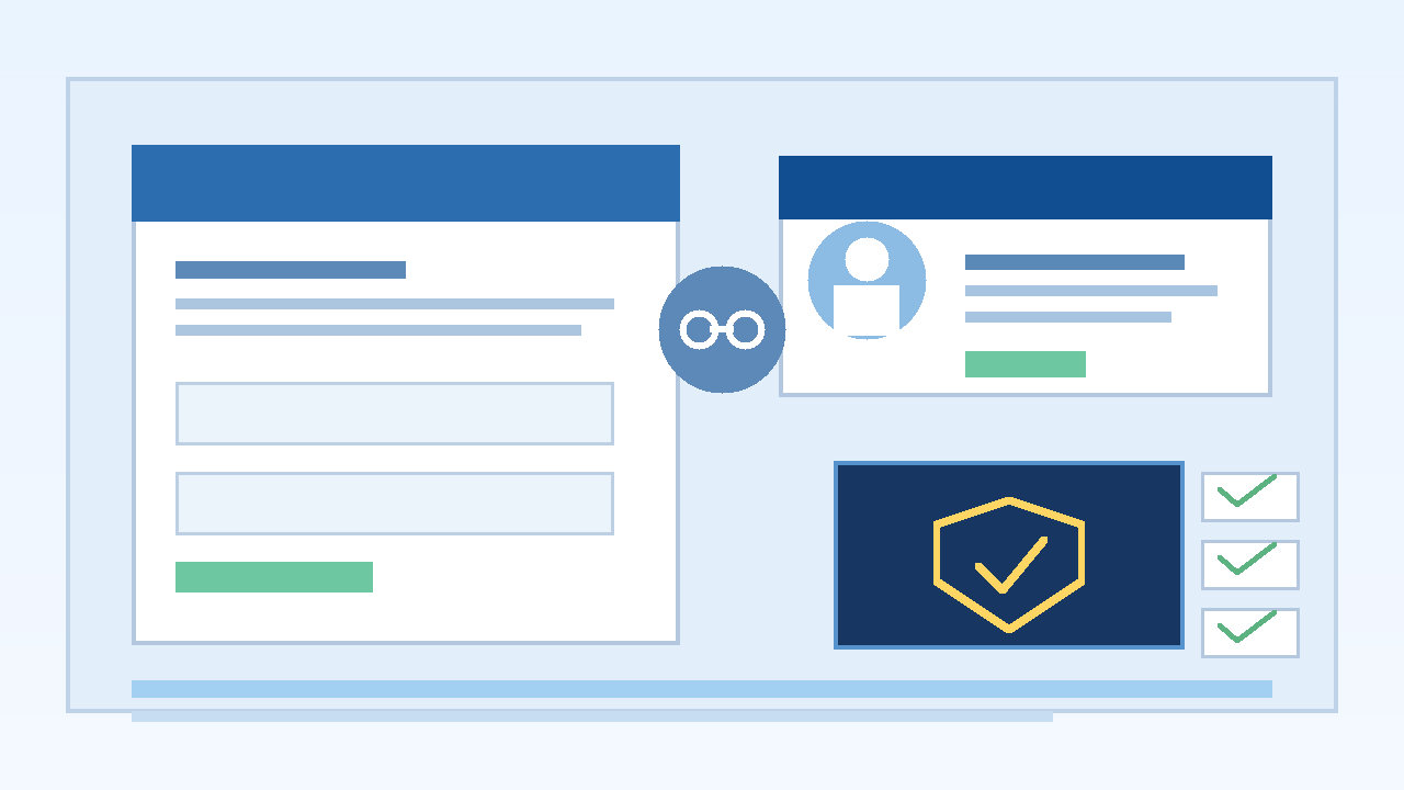 Illustration of a job application, professional profile card, and privacy shield for LinkedIn on job applications
