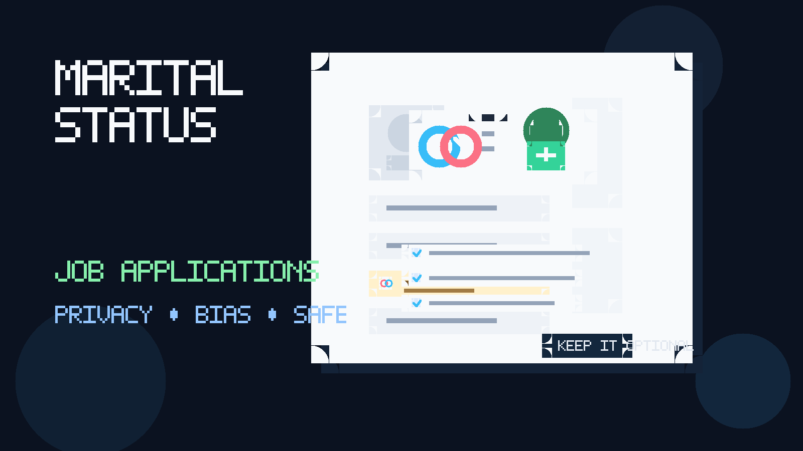 Illustration of a job application form with a marital status field, interlocking rings, and a privacy shield.