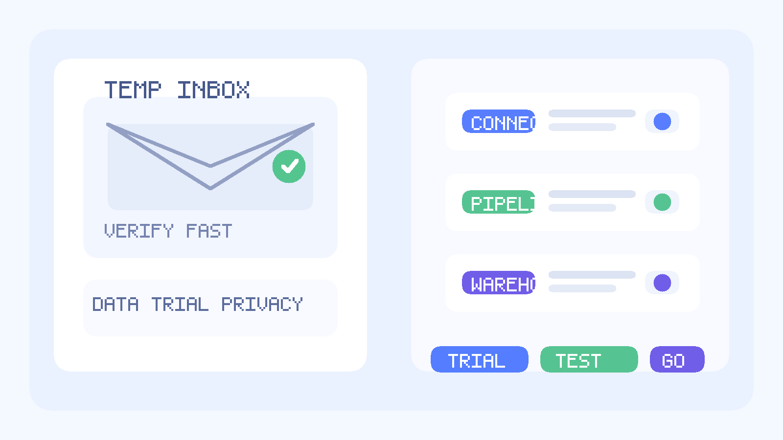 Original in-house illustration of a temporary inbox beside connector, pipeline, and warehouse cards for Matillion trial testing.
