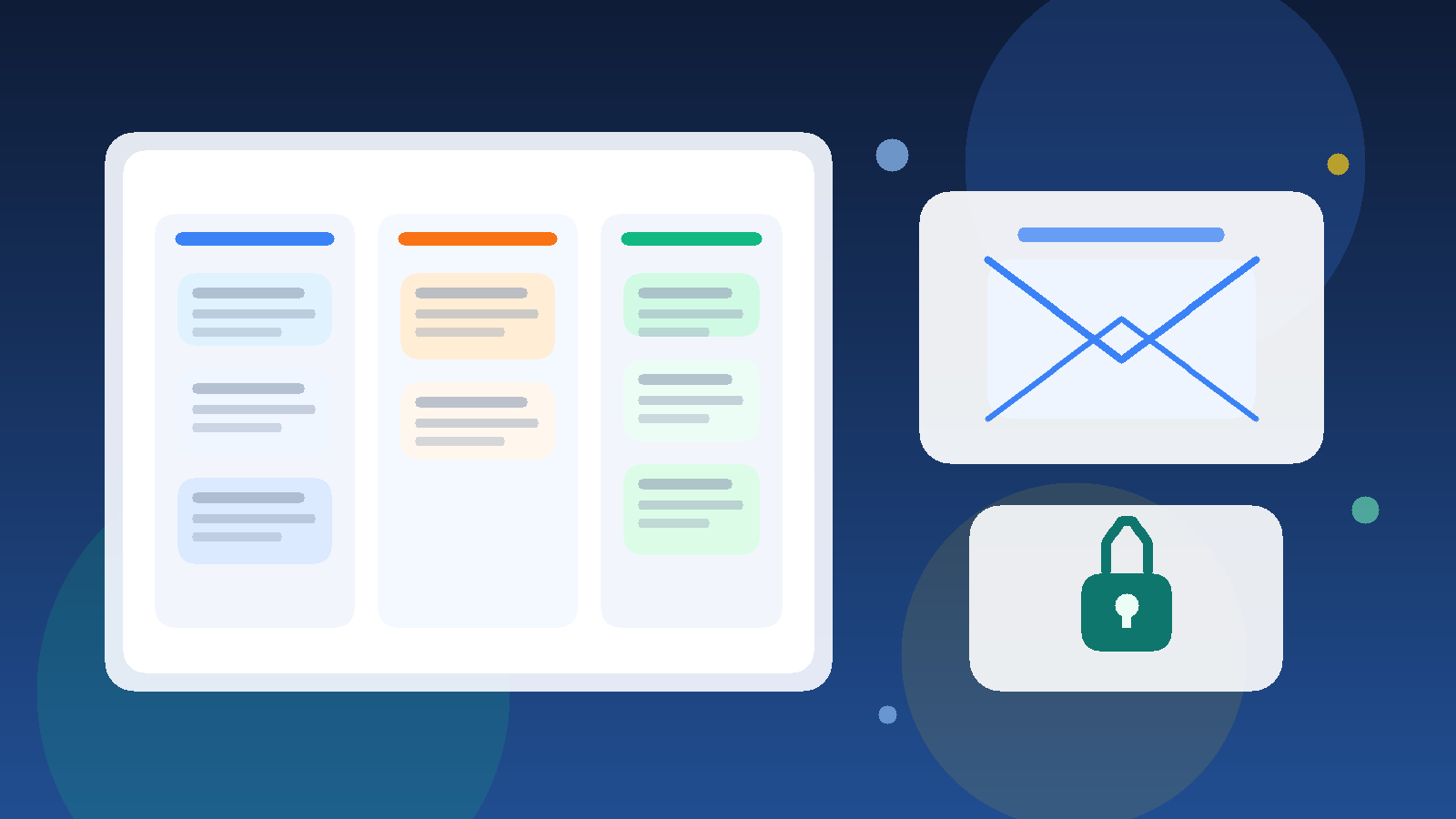 Illustration of a project board, email envelope, and privacy lock for monday.com workspace signups