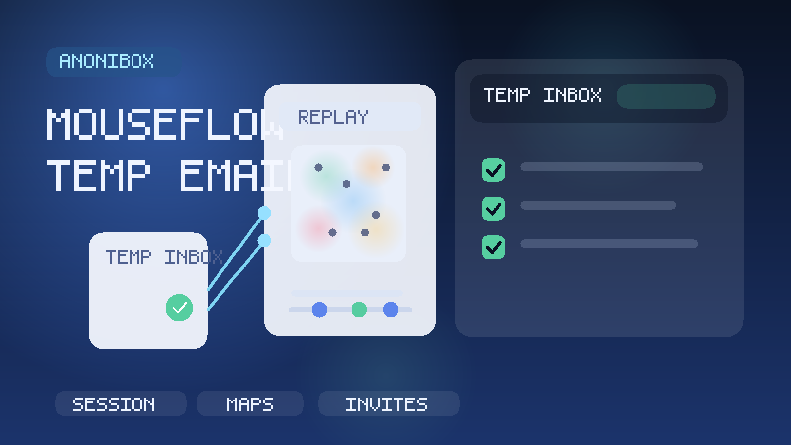 Original illustration of a temporary inbox beside a session replay dashboard with heatmap markers and team invite chips.
