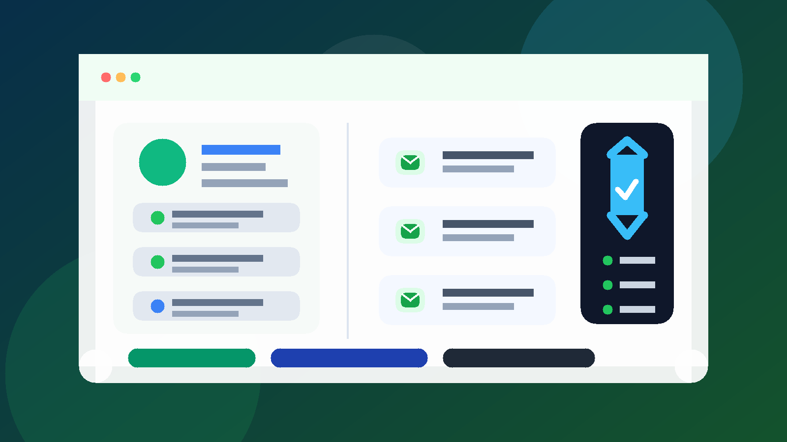 Illustration of a job-search dashboard with temporary email notifications and a privacy shield