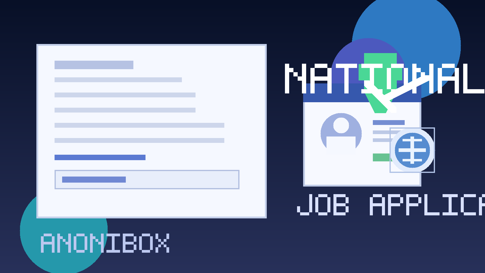 Illustration of a job application form, passport-style card, globe icon, and privacy shield for nationality questions in hiring.