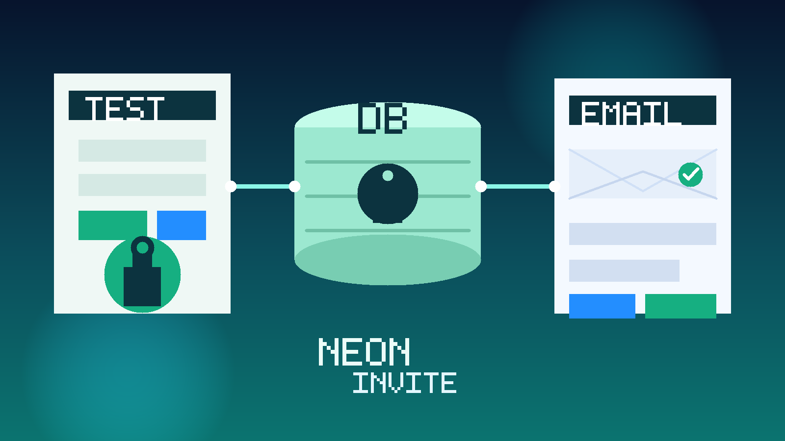 Original illustration of a temporary inbox beside a Neon-style serverless Postgres dashboard for branch tests and invite-based database projects.