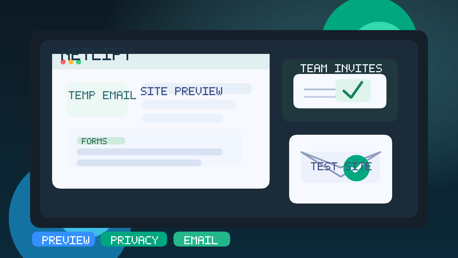 Original illustration of a temporary inbox, a Netlify-style site preview, and protected test-site signups.