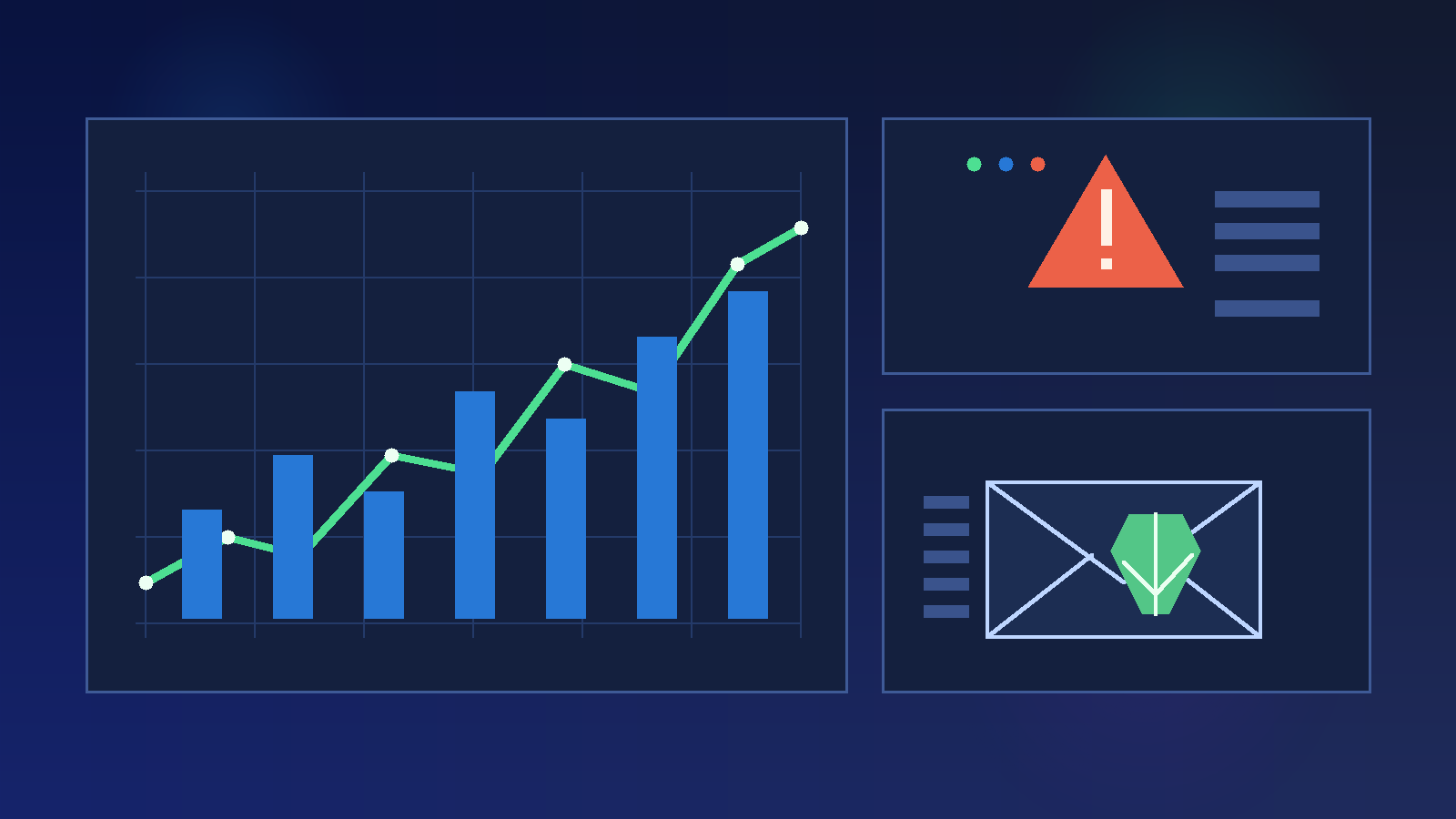 Original illustration of a temporary email inbox beside an observability dashboard for New Relic trial testing