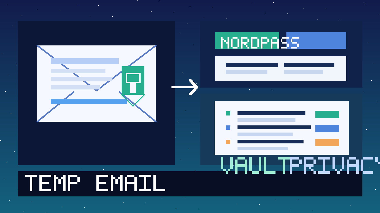 Original illustration of a temporary inbox connected to a password vault interface for a NordPass trial.