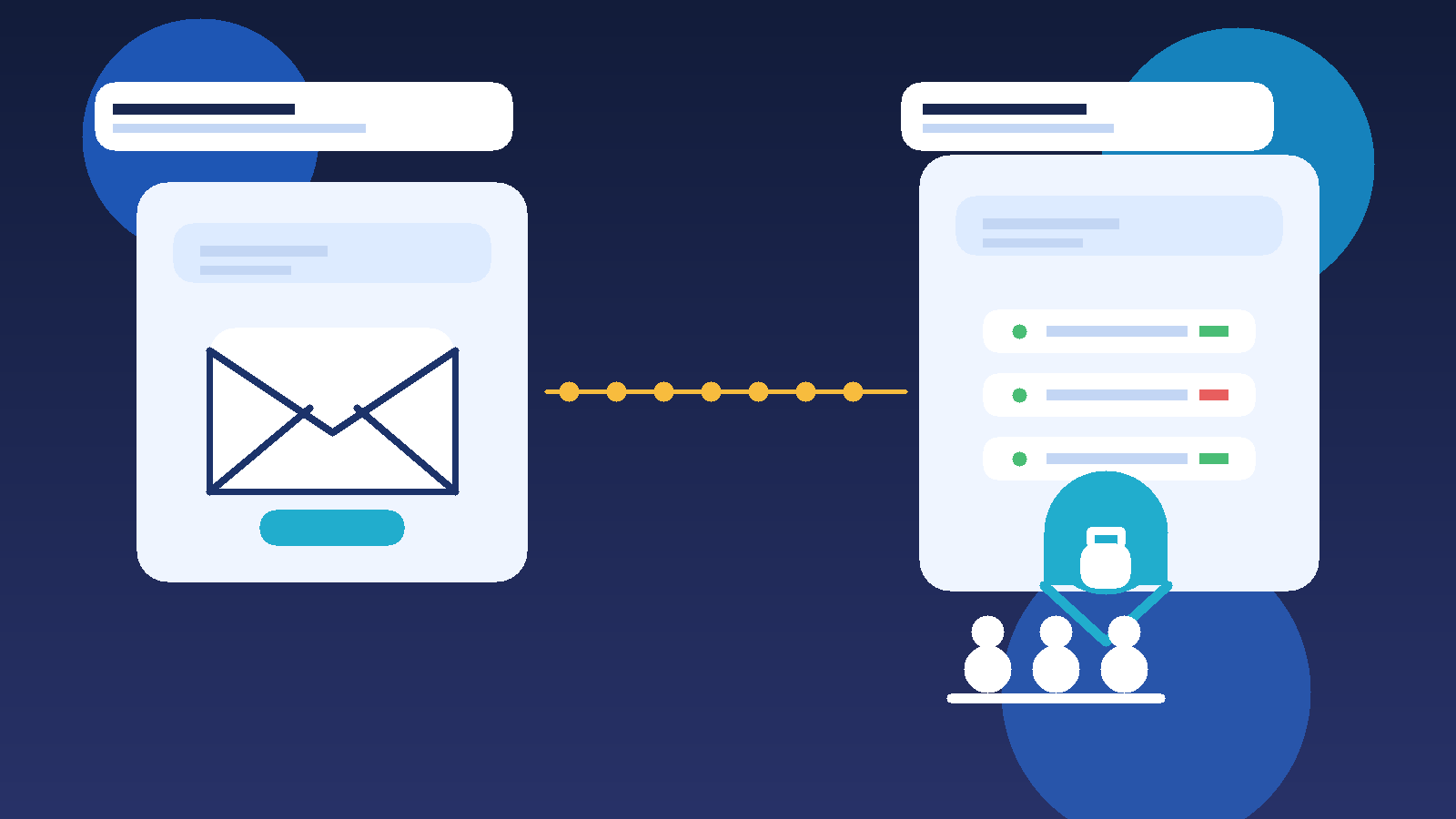 Original in-house illustration of a temporary inbox connected to a team password vault dashboard with a privacy shield.