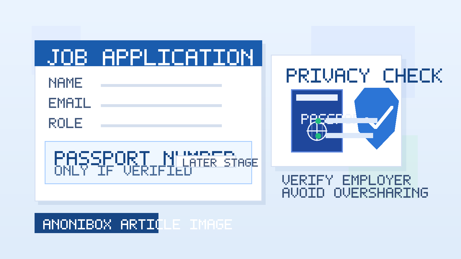 Illustration of a job application form with a passport number field and a privacy verification panel