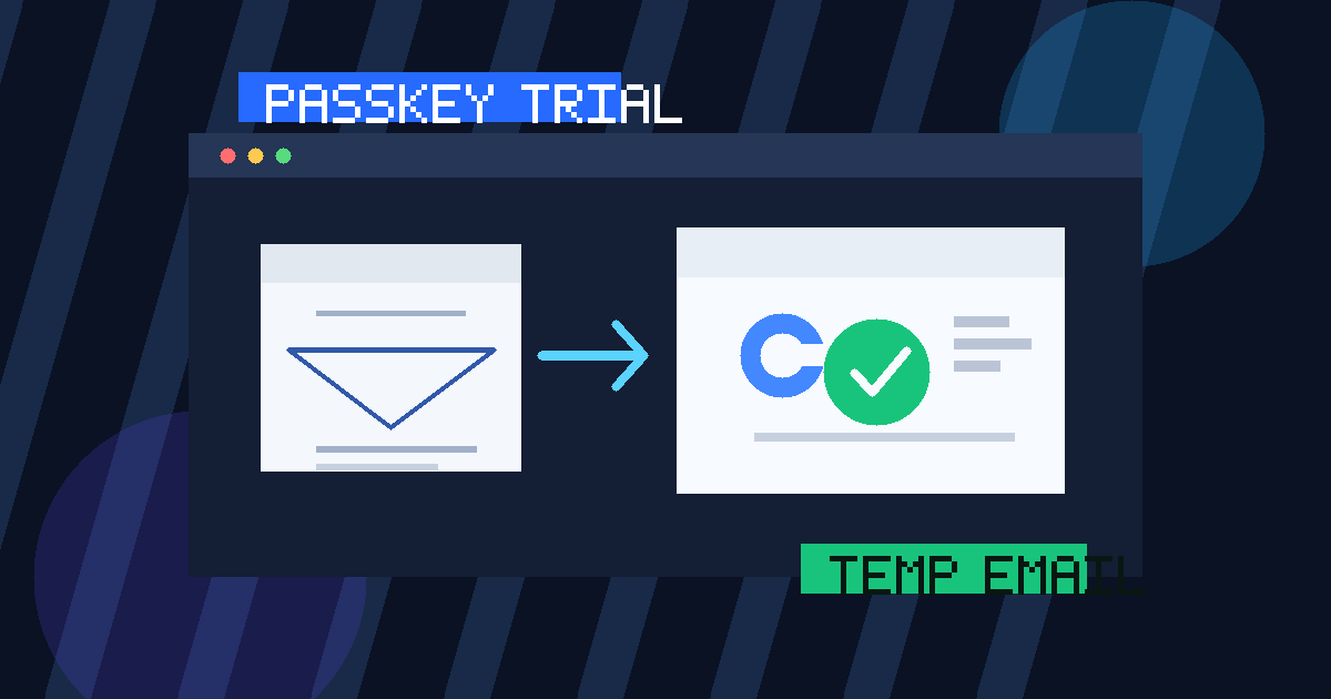 Illustration of a temporary email inbox, passkey login card, and security trial dashboard for passwordless authentication software evaluation.