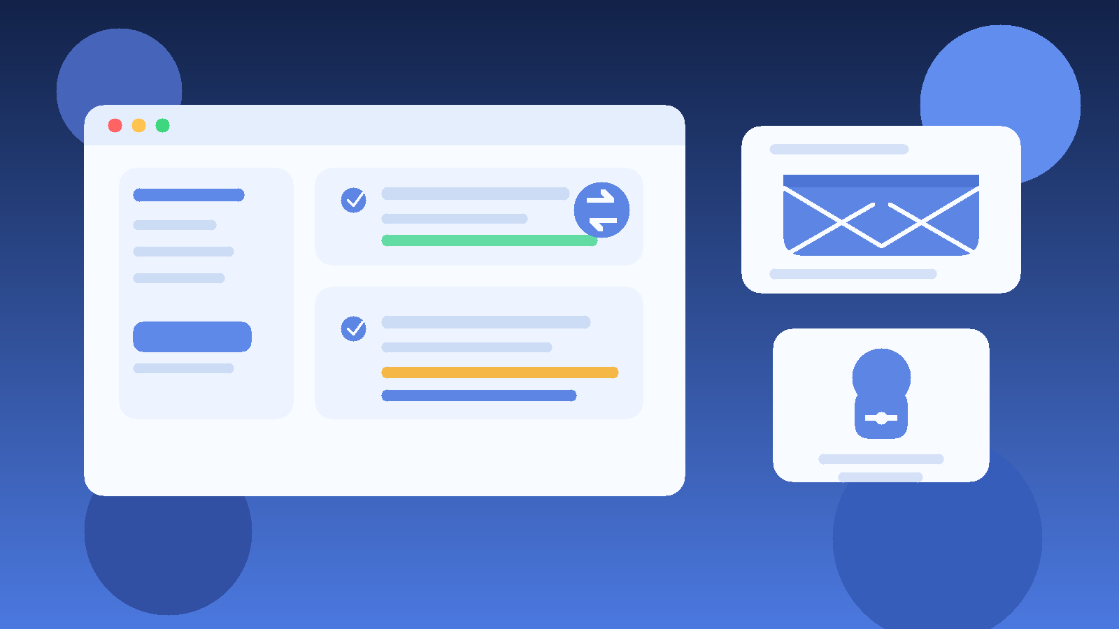 Illustration of a temporary inbox beside a patch management dashboard during free-trial evaluation
