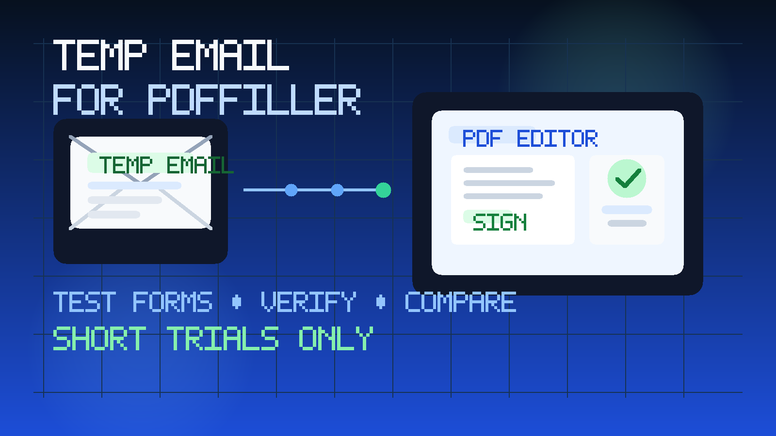 Original illustration of a temporary inbox connected to fillable PDF forms, a document editor, and a privacy shield for a pdfFiller test.