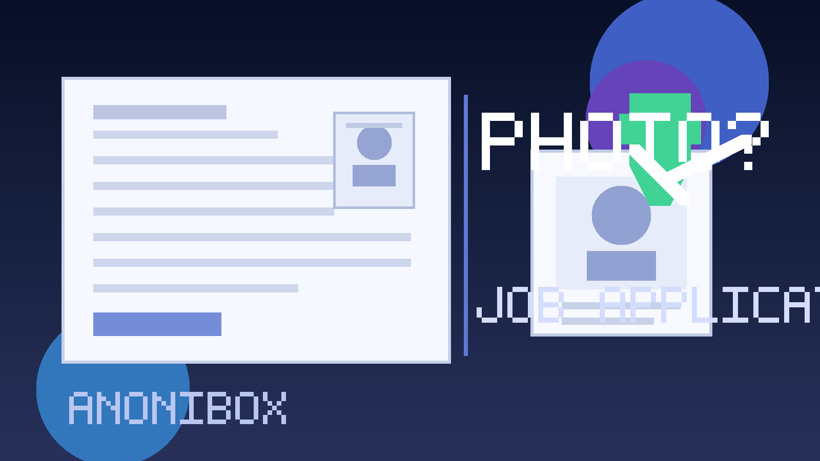 Illustration of a job application with a photo box, profile picture, and privacy shield.