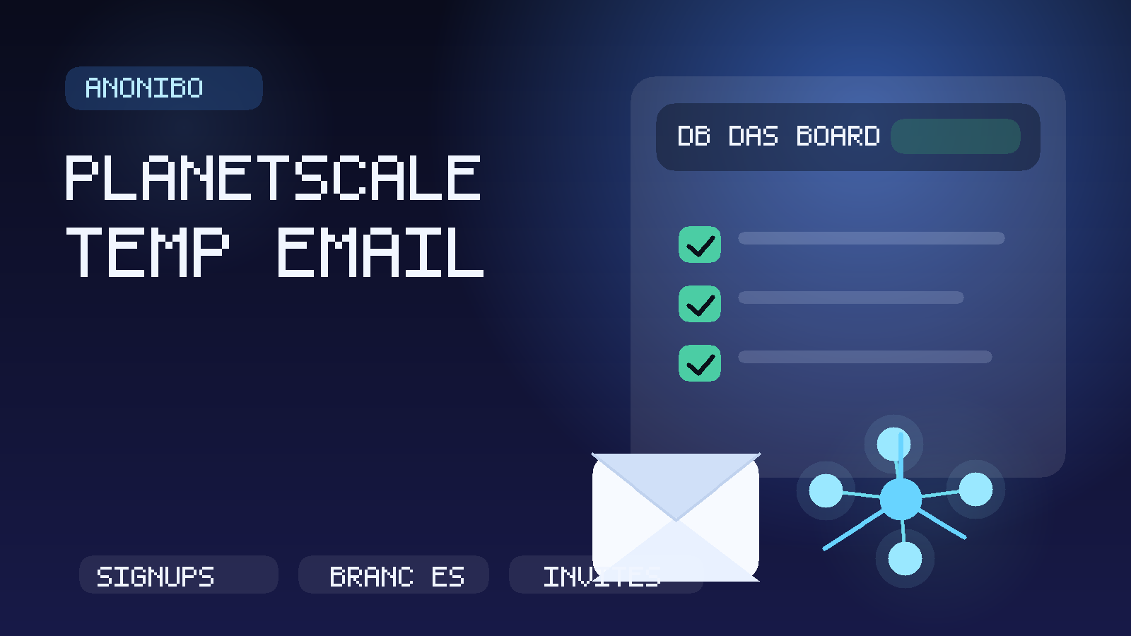 Original illustration of a temporary inbox beside a database dashboard with branches, invites, and setup tasks.