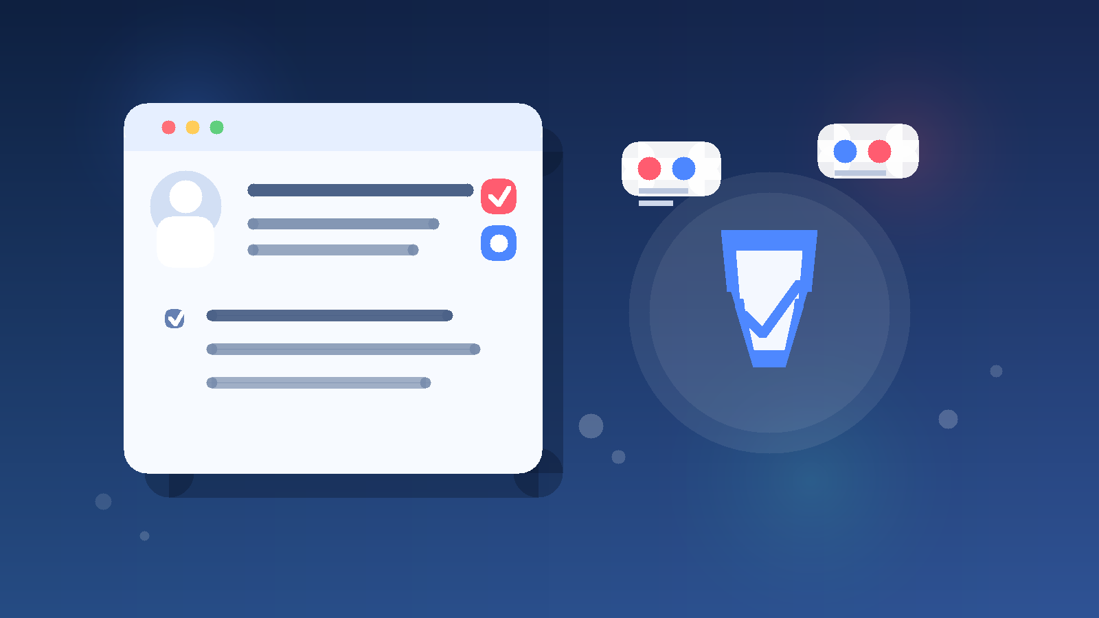 Illustration of a job application form, a privacy shield, and political affiliation choices.