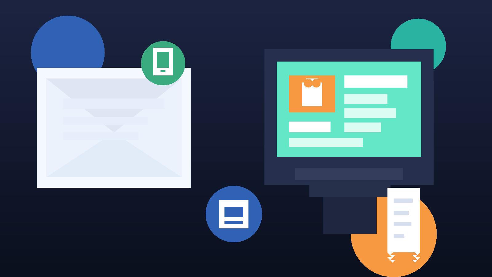 Illustration of a POS checkout screen, shopping bag, and email envelope for software trial signups