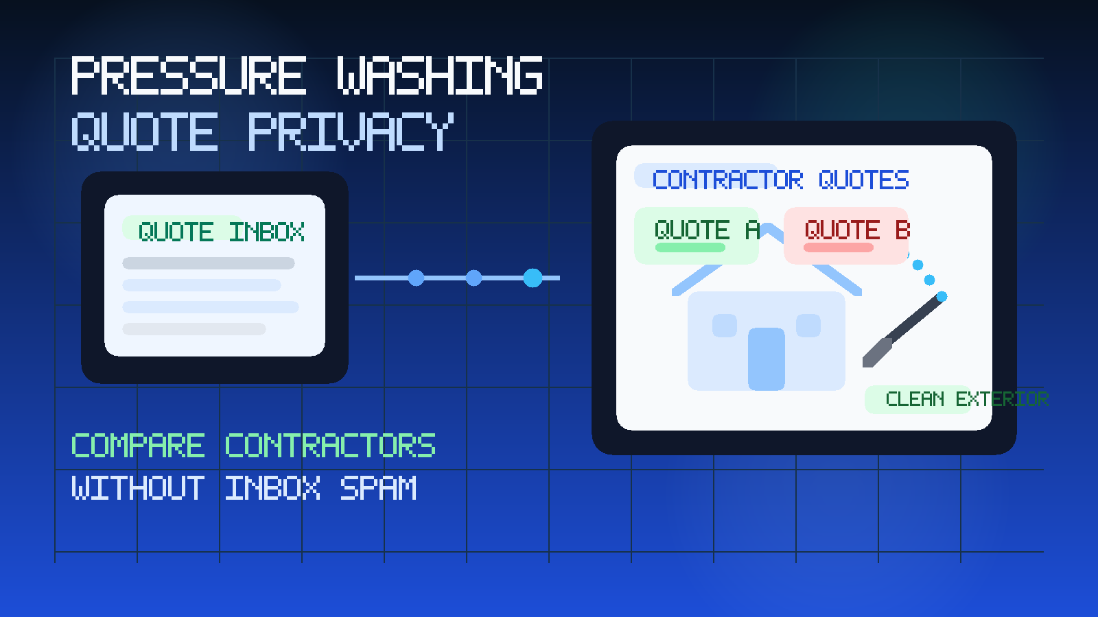 Original illustration of a disposable inbox receiving pressure washing quote requests beside a house exterior and cleaning spray wand.