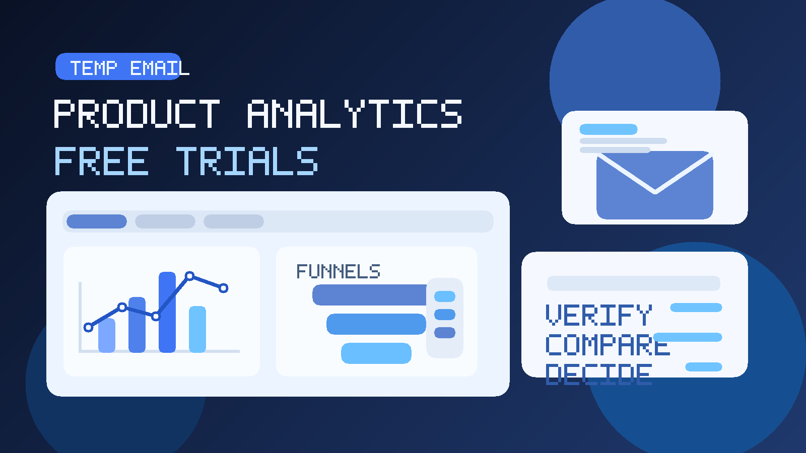 Illustration of a product analytics dashboard with charts and a temporary email inbox for free trial evaluation