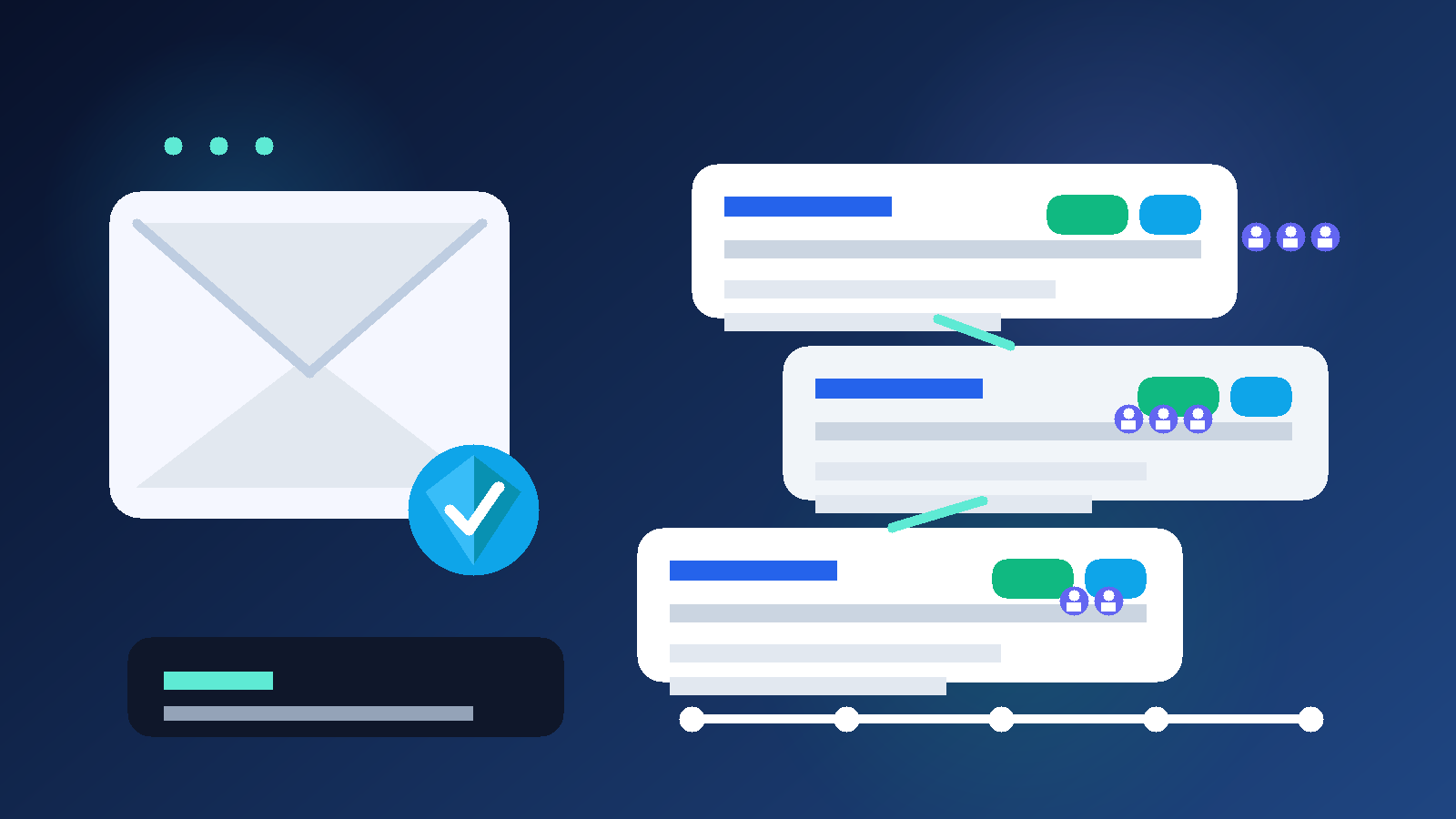Illustration of a temporary email workflow for Productboard with a protected inbox, roadmap cards, and team invite symbols