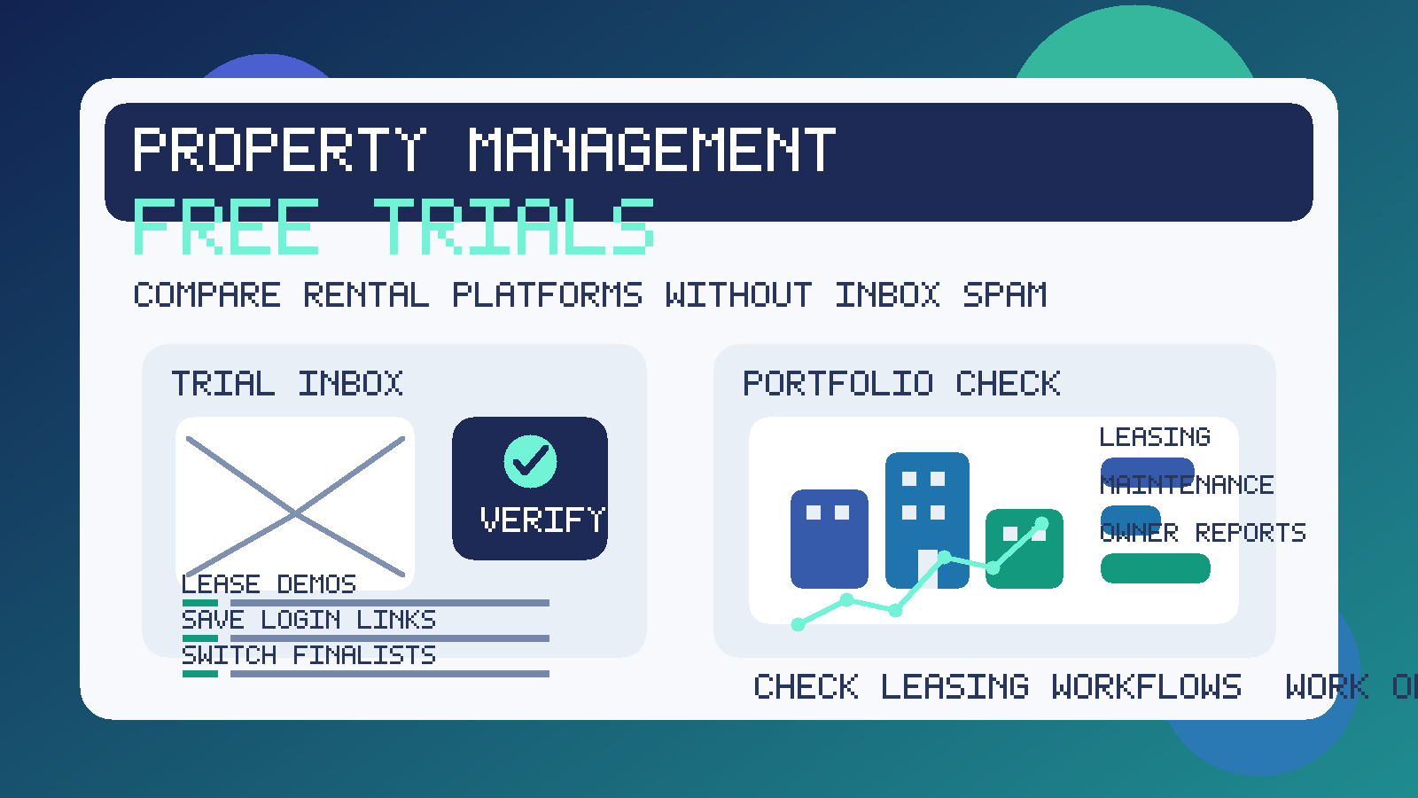 Illustration of a trial inbox beside a property management software dashboard for leasing, maintenance, and owner reporting
