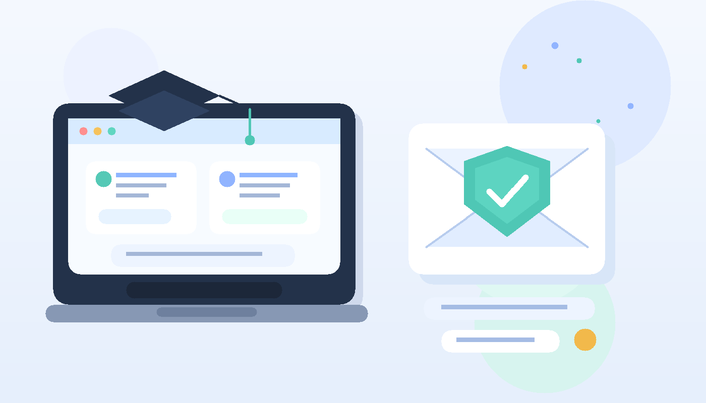 Illustration of a graduate jobs dashboard, temporary email envelope, and privacy shield for a temp email for Prosple article