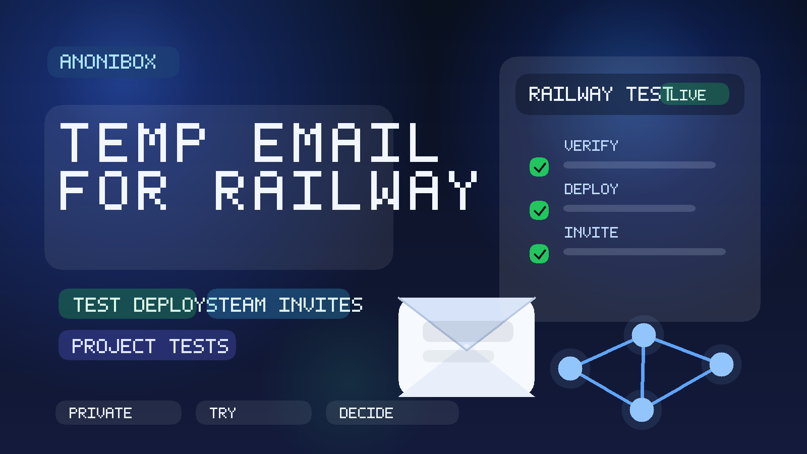 Illustration of a temporary inbox used for Railway demo deploys, team invites, and project tests