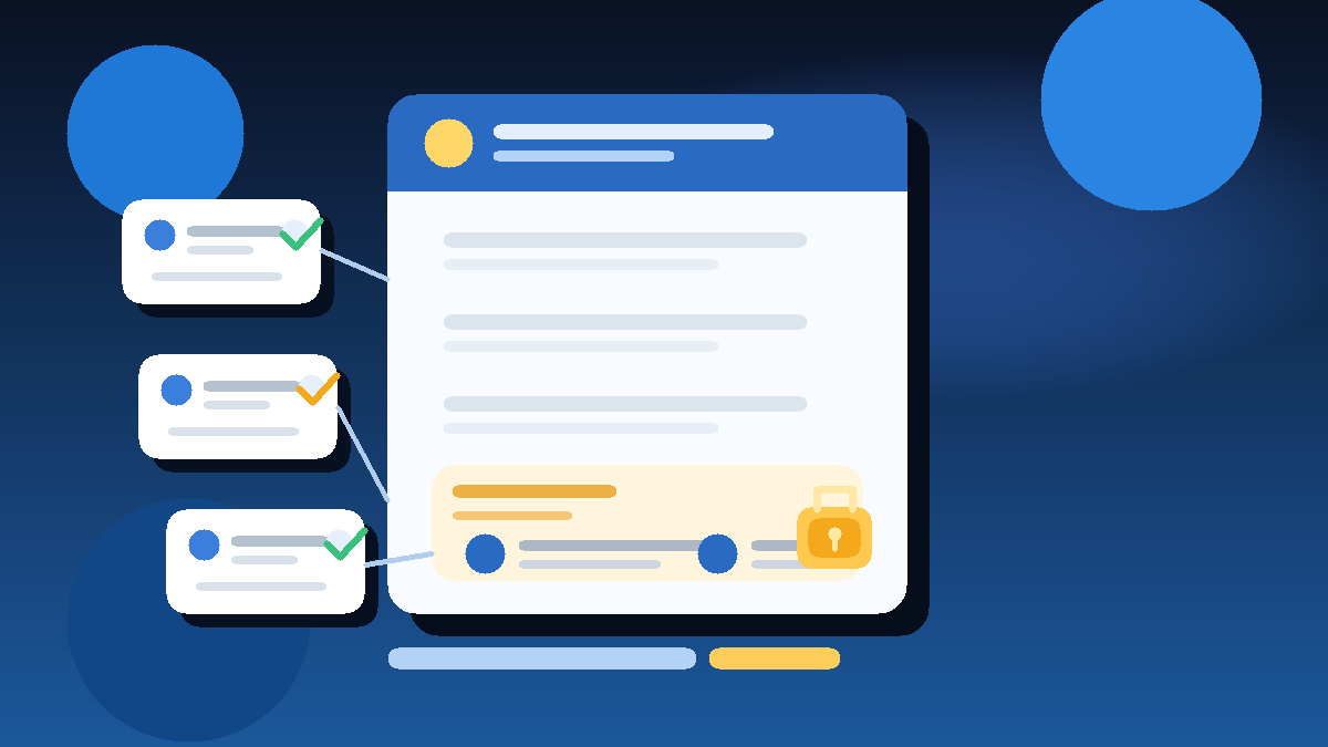 Illustration of a job application form, reference contact cards, and a privacy shield.
