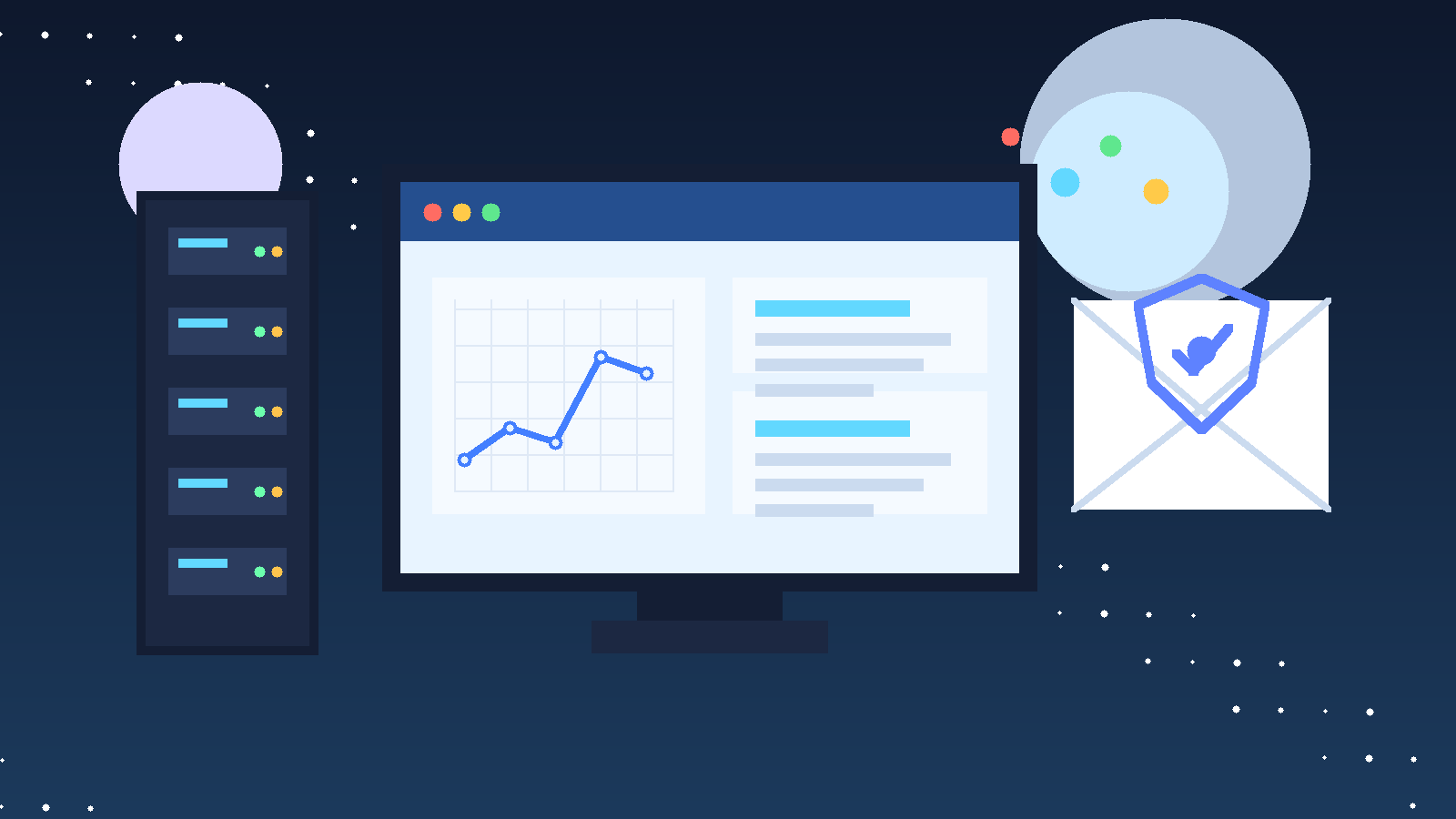 Illustration of an RMM dashboard, servers, and a protected inbox for remote monitoring and management software free trials